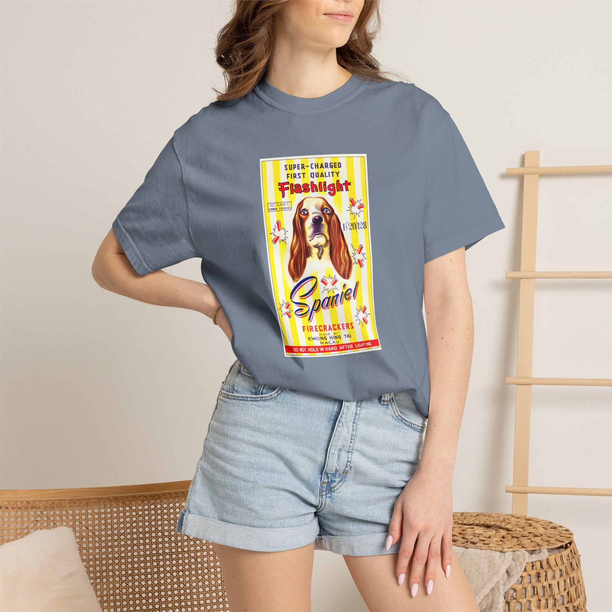 Spaniel Brand Firecrackers t-shirt on model front — America's 250th anniversary fireworks apparel — The Faded Label Co.