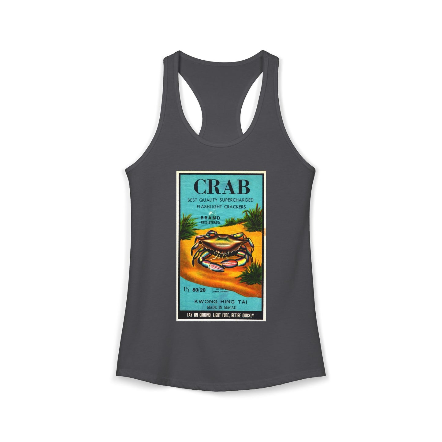 Crab Brand Firecrackers racerback tank red — vintage firecracker label graphic — The Faded Label Co.