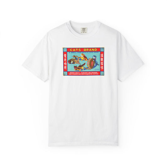 Cats Brand Firecrackers t-shirt White — vintage 4th of July fireworks label tee — The Faded Label Co.