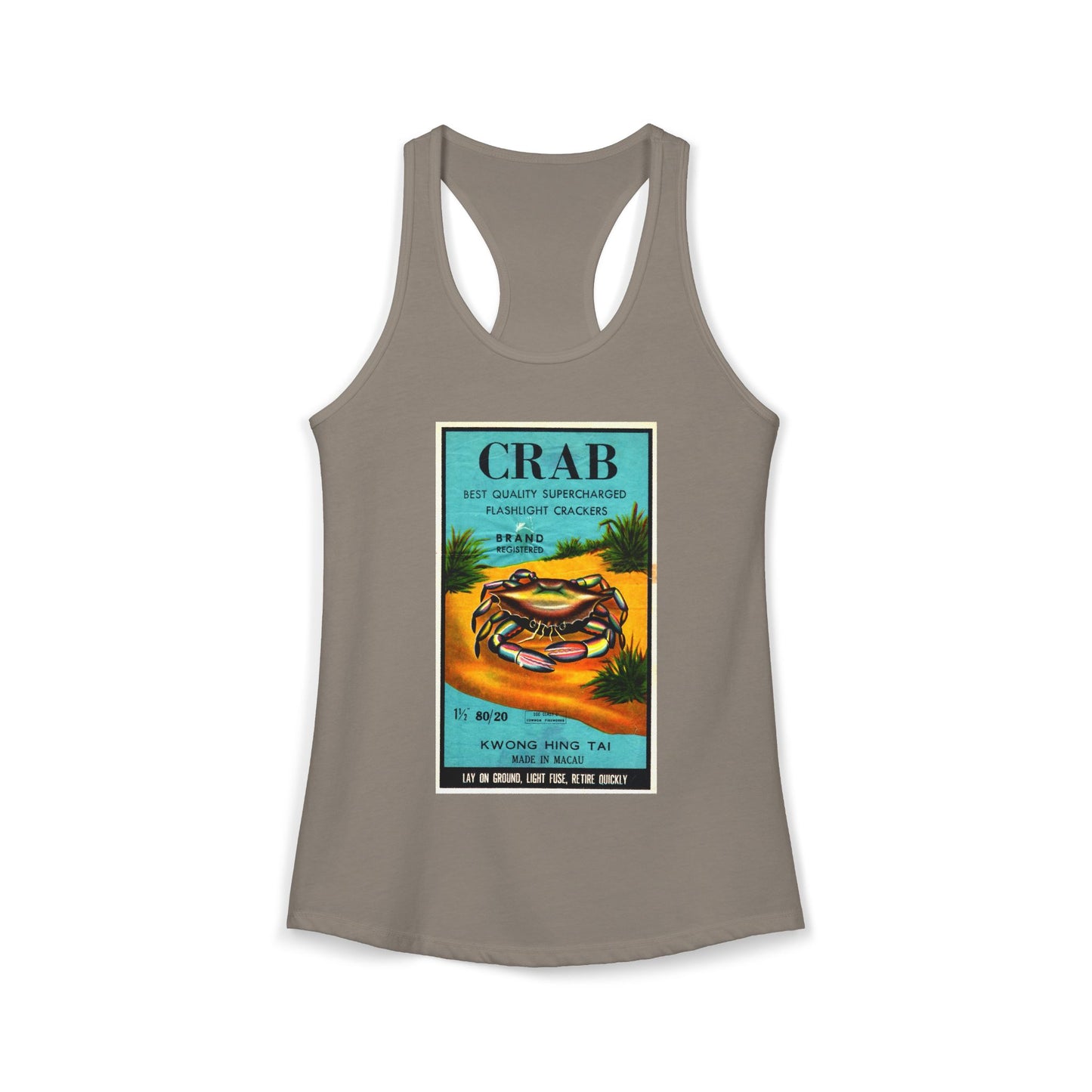 Crab Brand Firecrackers racerback tank warm gray — 4th of July women's summer tank — The Faded Label Co.