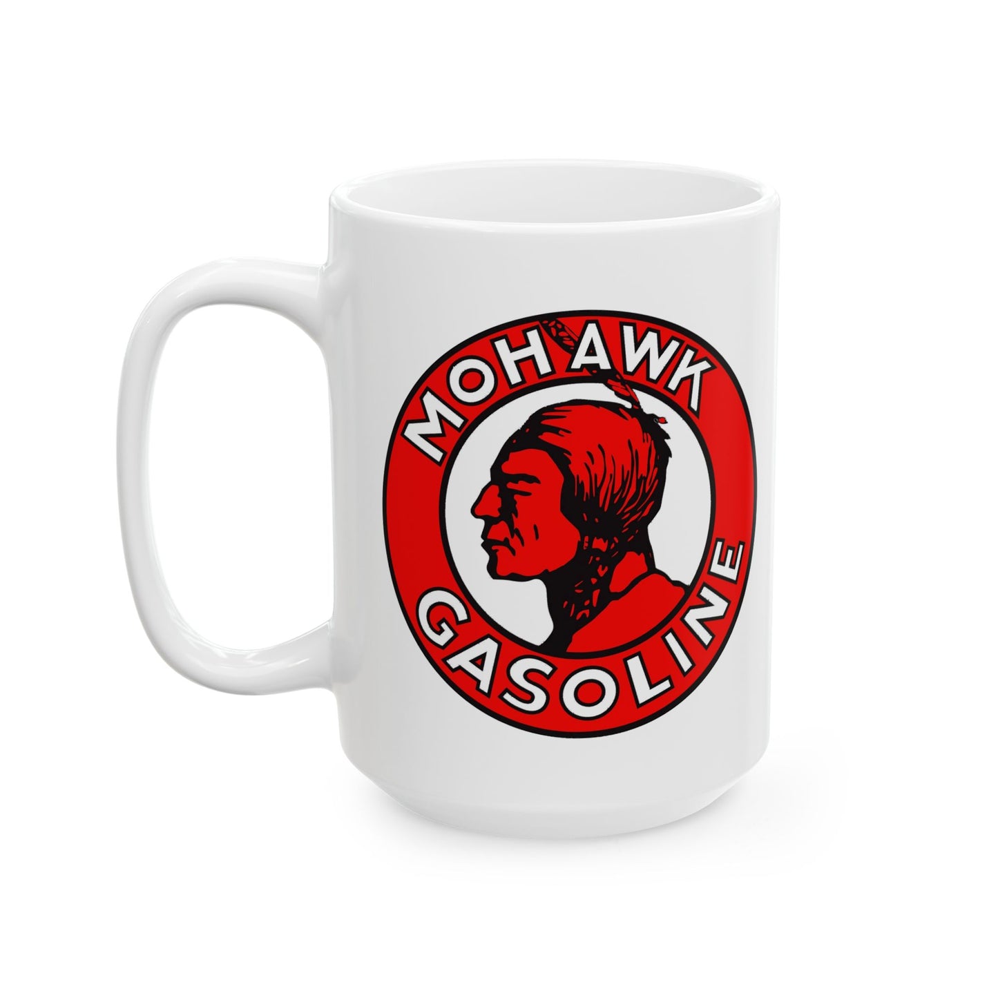 Mohawk Gasoline white coffee mug side view — retro gas station drinkware — The Faded Label Co.