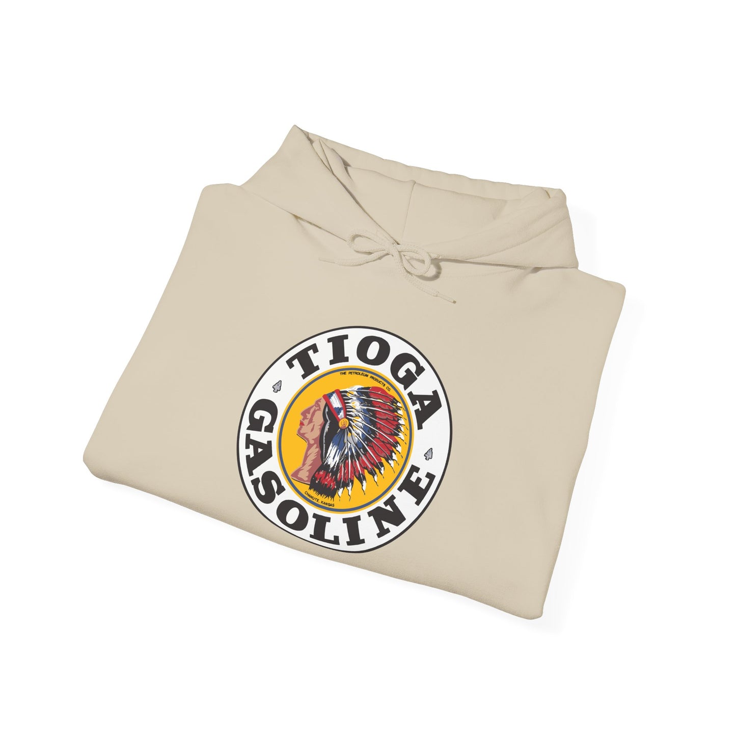 Tioga Gasoline Logo Hoodie — Vintage Native Chief Emblem