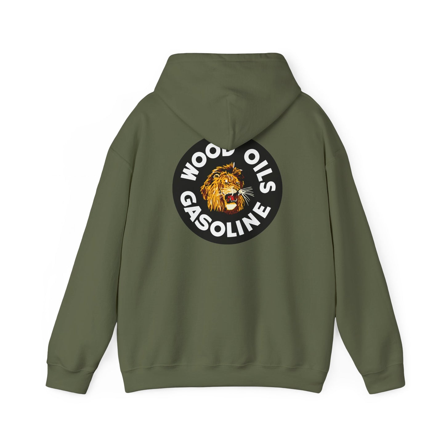 Lion Emblem Gasoline Hoodie — 'Wood Oils Gasoline' Retro Logo Sweatshirt