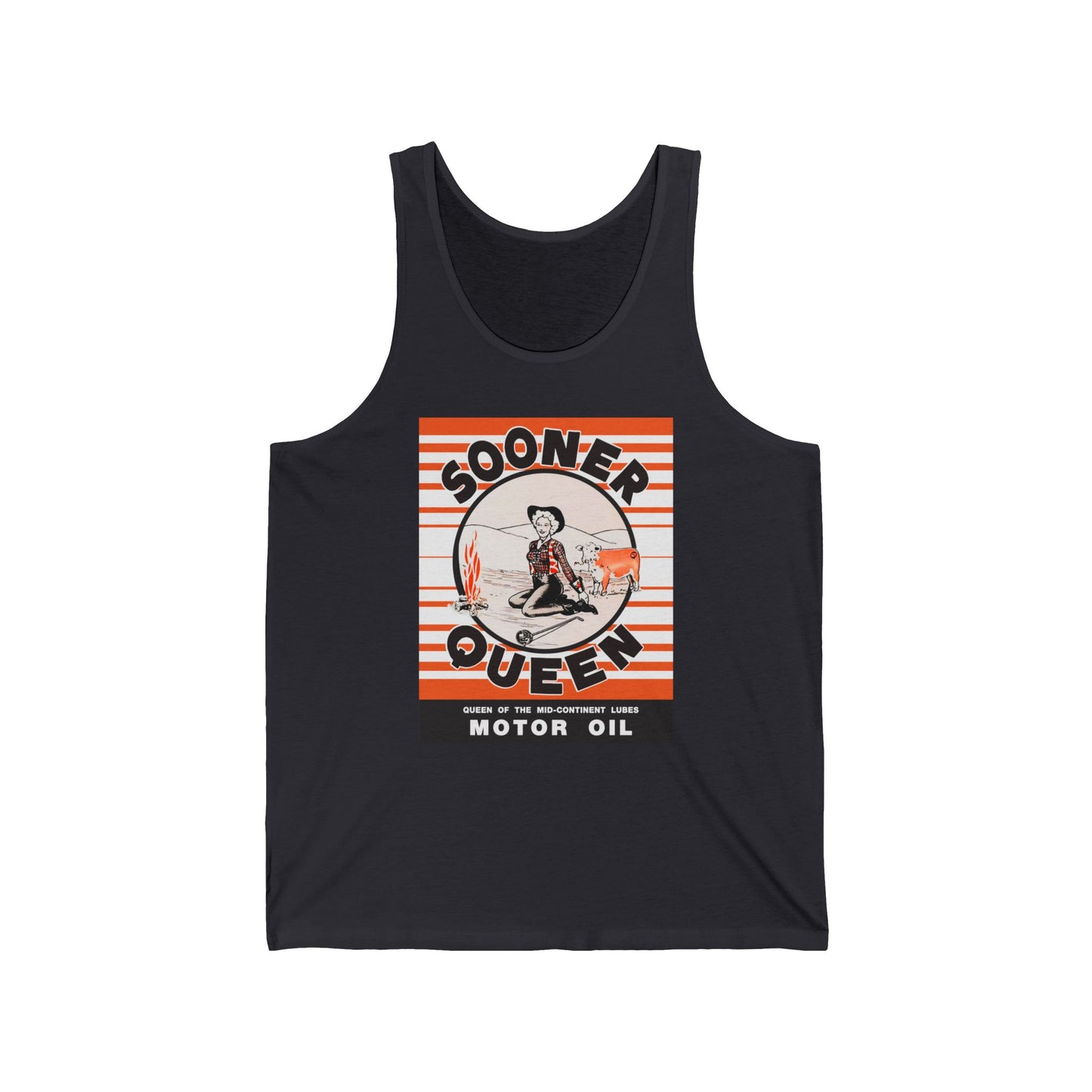 Sooner Queen Motor Oil surf tank dark grey — Oklahoma petroliana apparel — The Faded Label Co.