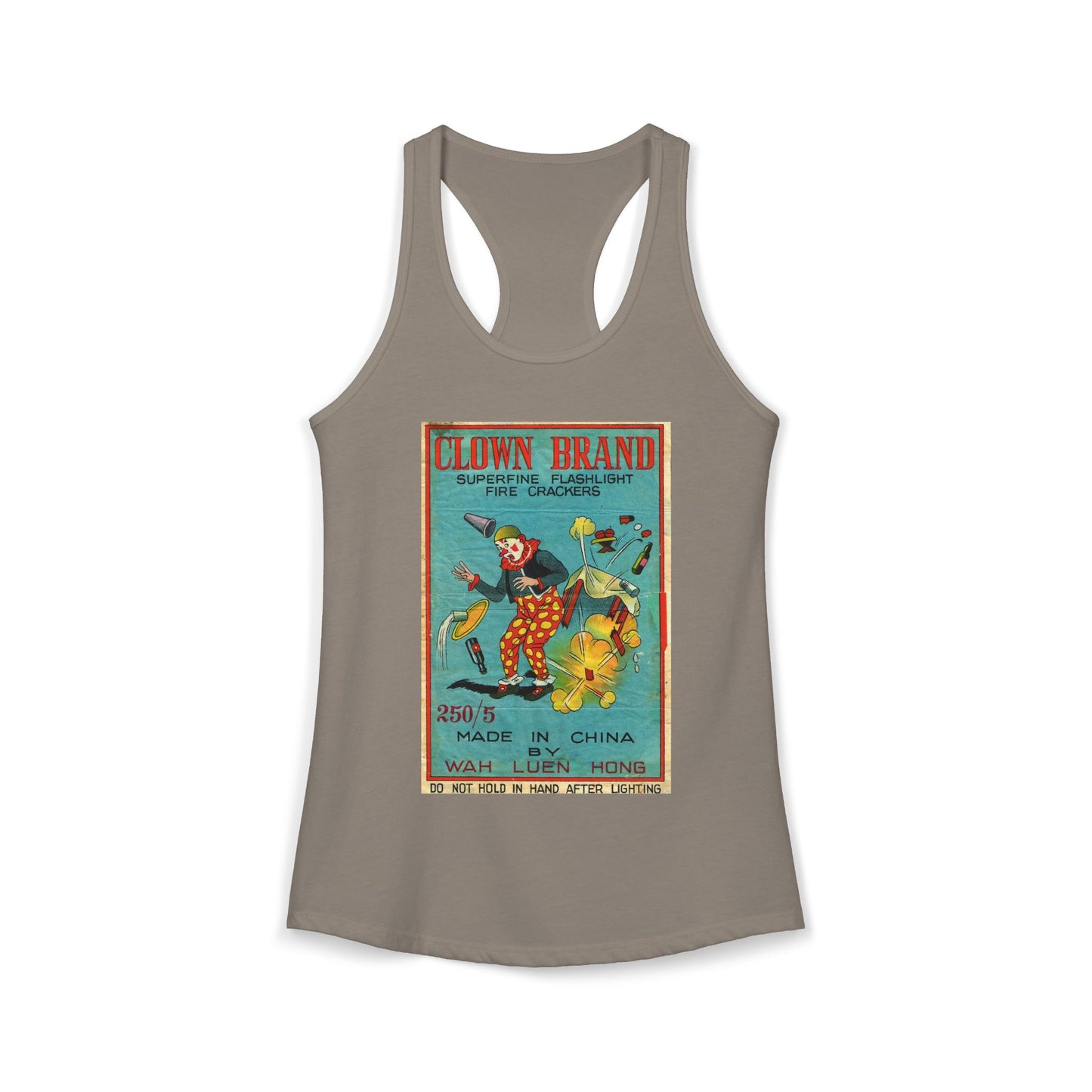 Clown Brand Firecrackers racerback tank warm gray — 4th of July women's summer tank — The Faded Label Co.