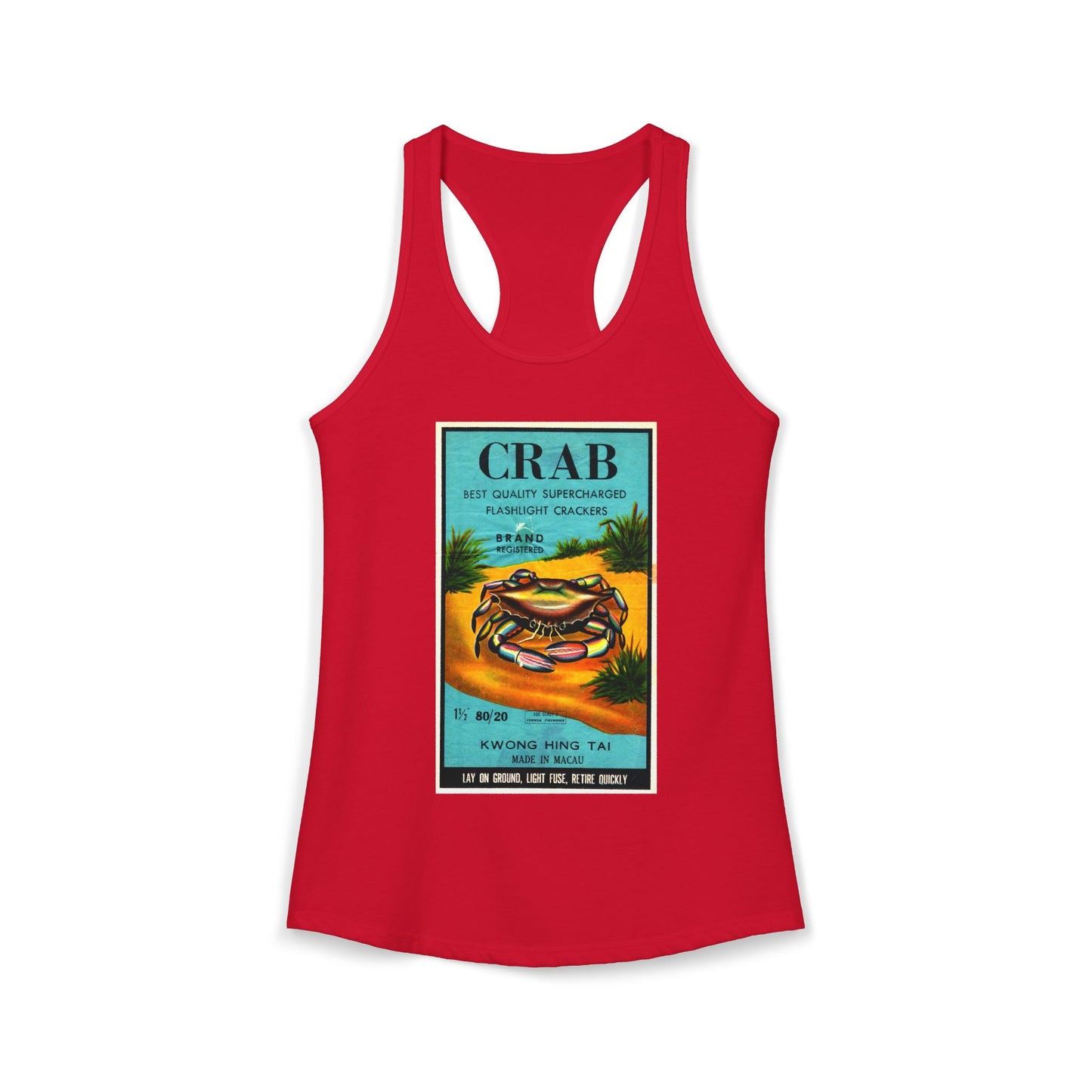 Crab Brand Firecrackers racerback tank white — mid-century fireworks packaging art — The Faded Label Co.