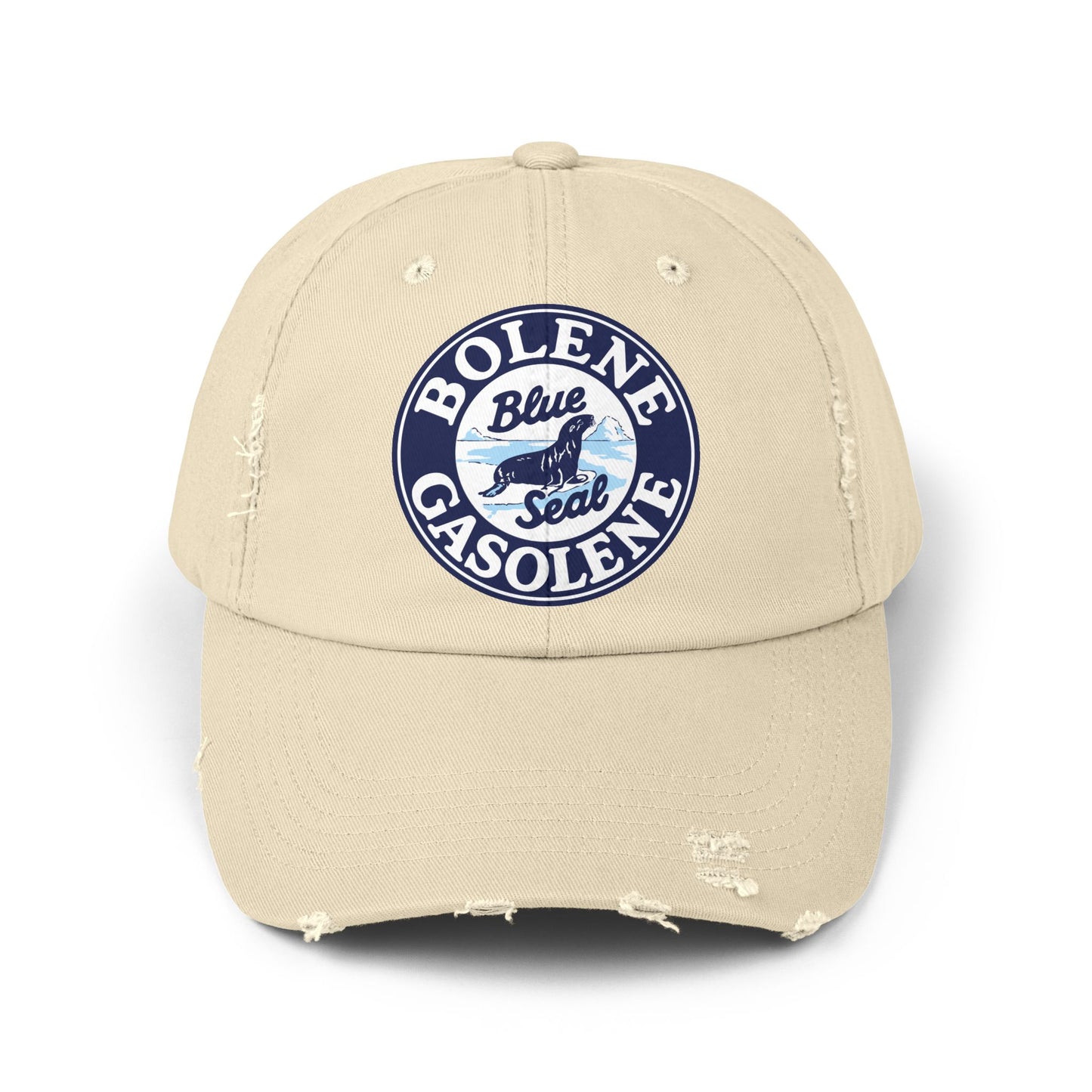 Bolene Blue Seal Gasolene distressed cap — logo detail — The Faded Label Co.