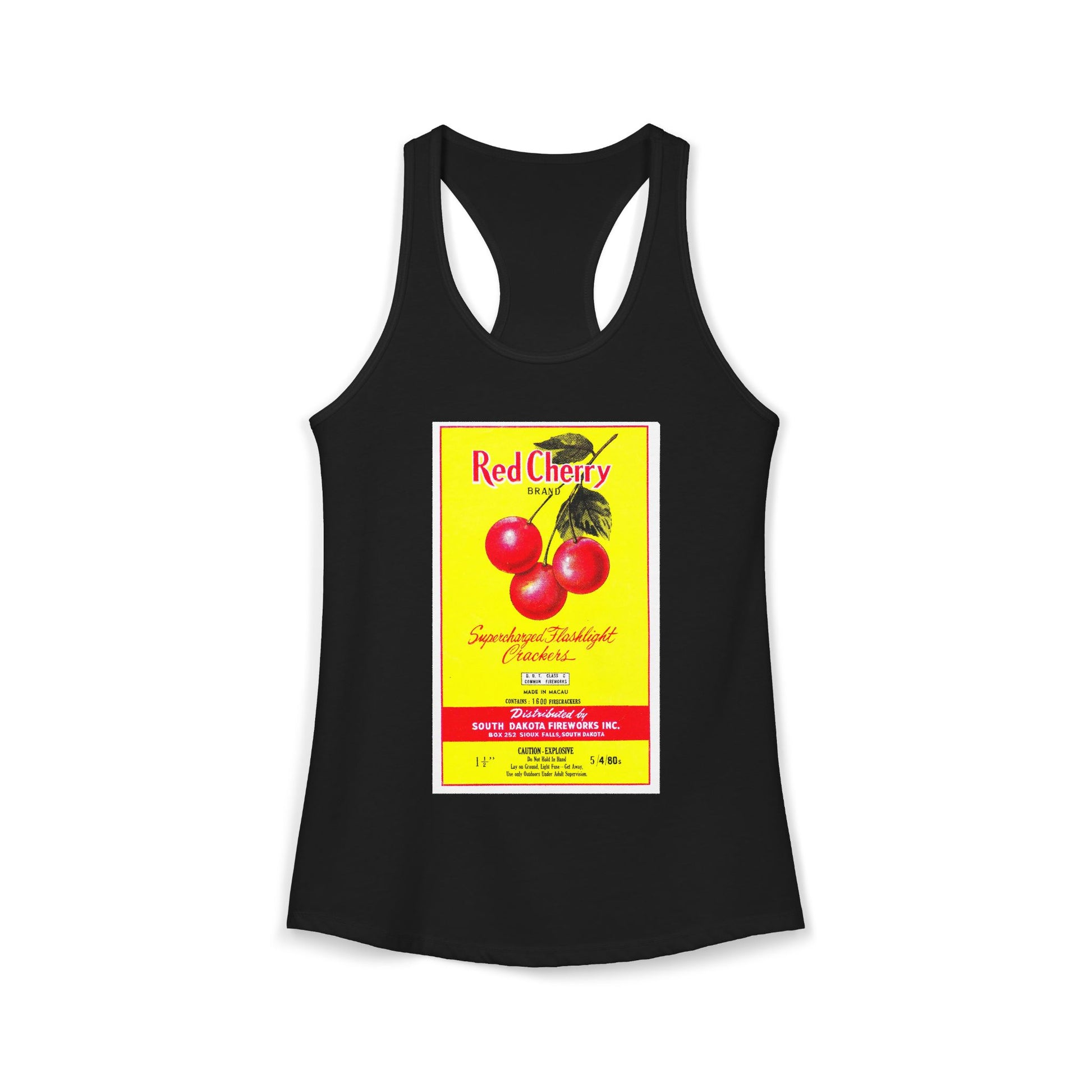 Red Cherry Brand Firecrackers racerback tank black — South Dakota fireworks label art — The Faded Label Co.
