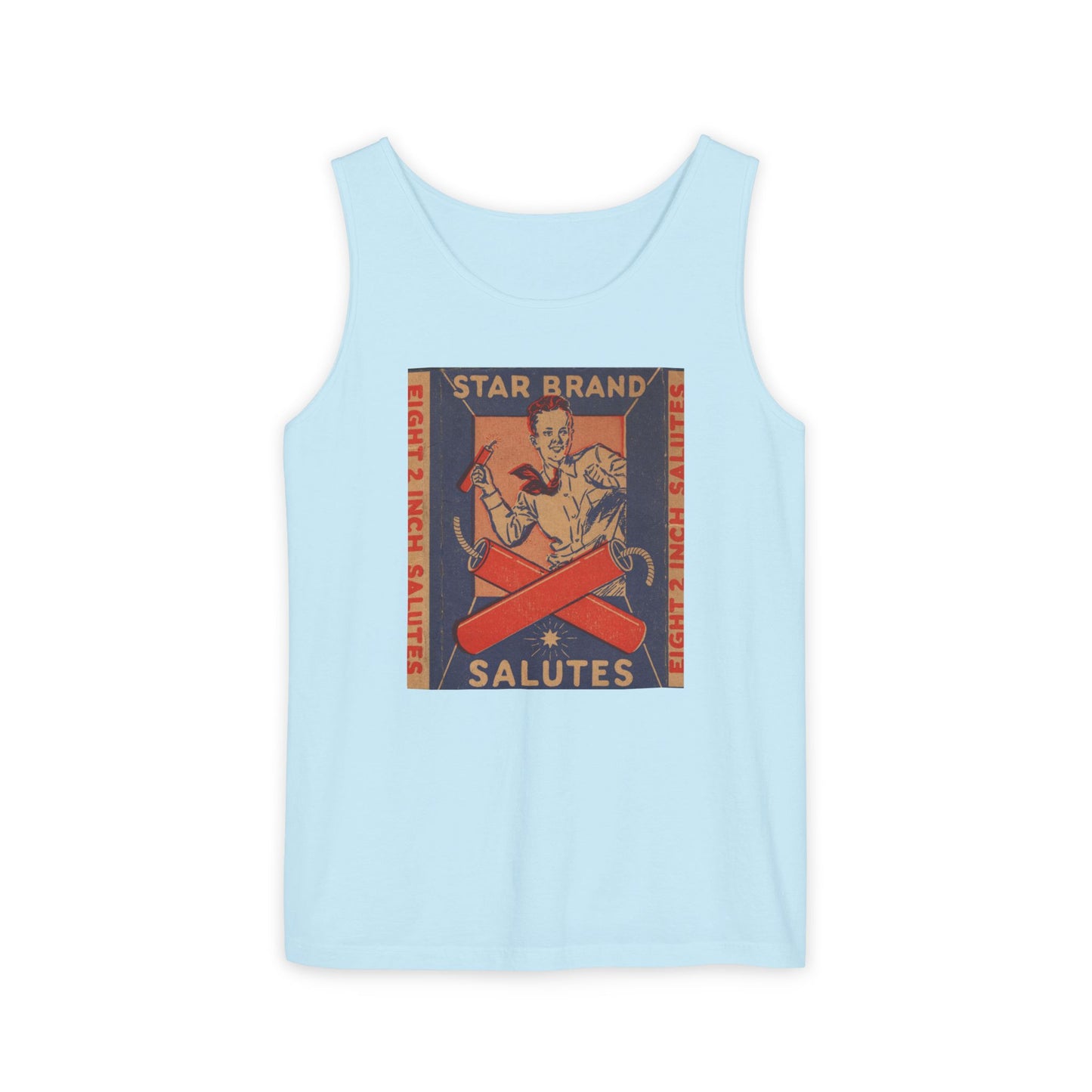 Star Brand Salutes tank top denim — vintage fireworks label art — The Faded Label Co.