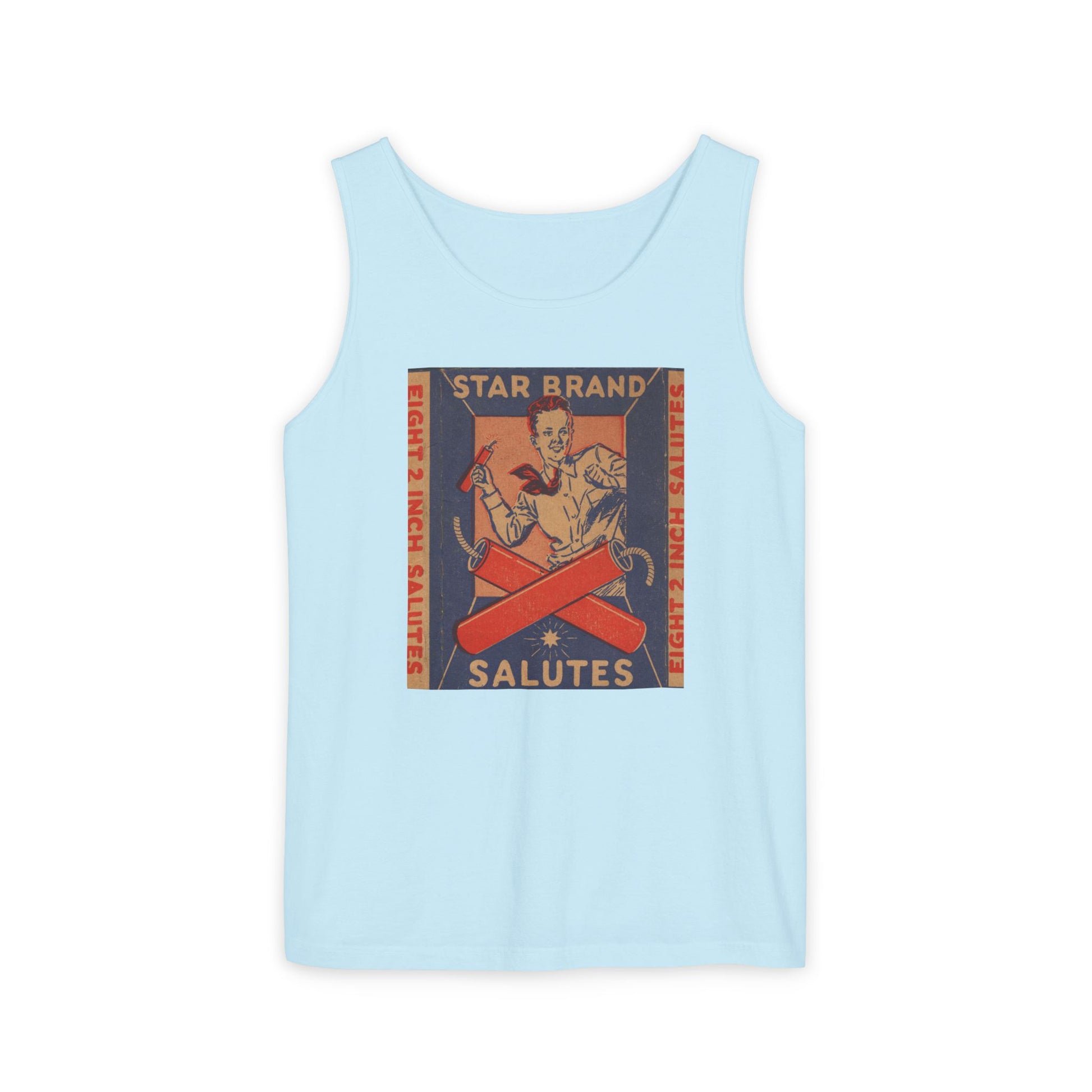 Star Brand Salutes tank top denim — vintage fireworks label art — The Faded Label Co.