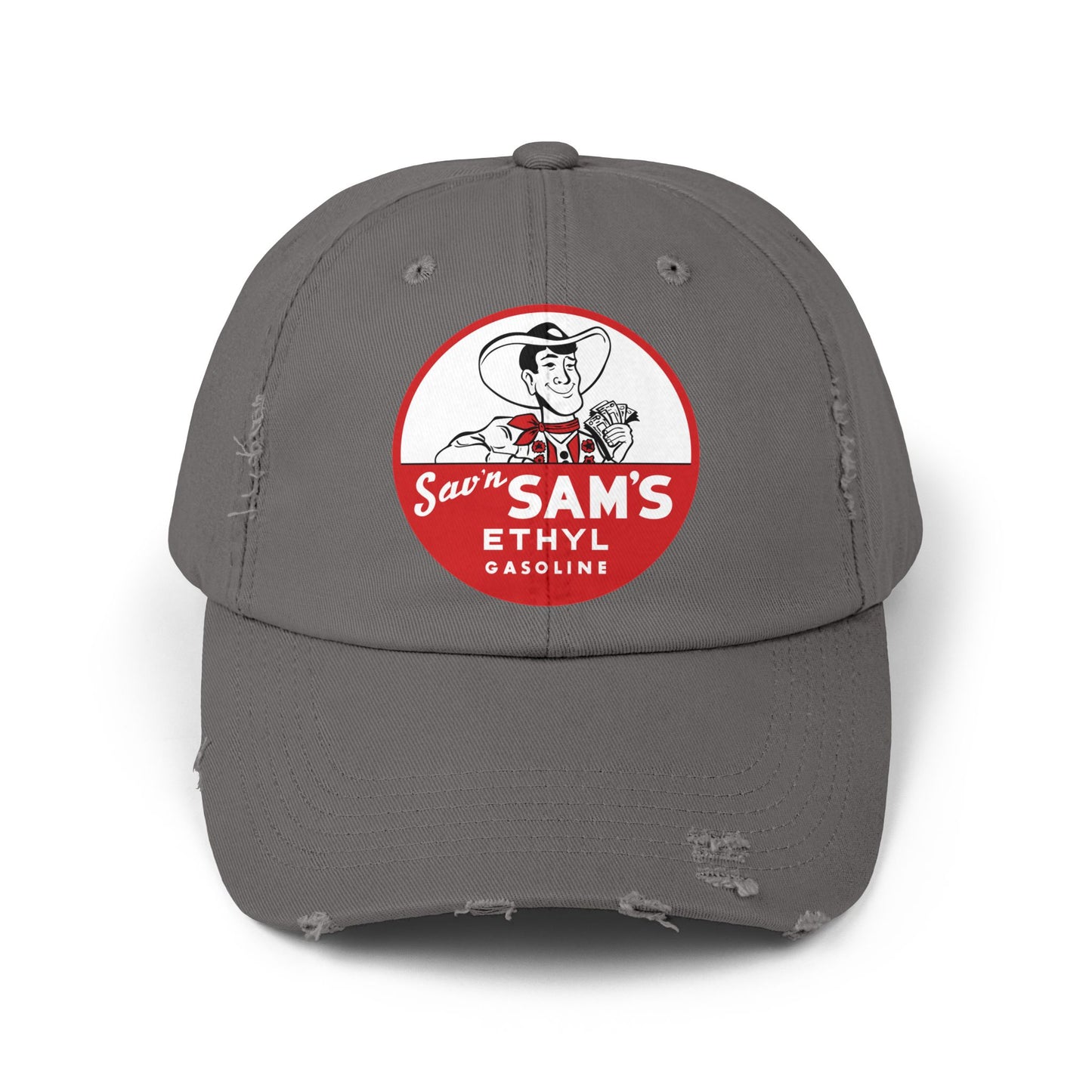 sams ethyl Distressed Gasoline Logo Cap — "Sam's Ethyl" Vintage Trucker Hat