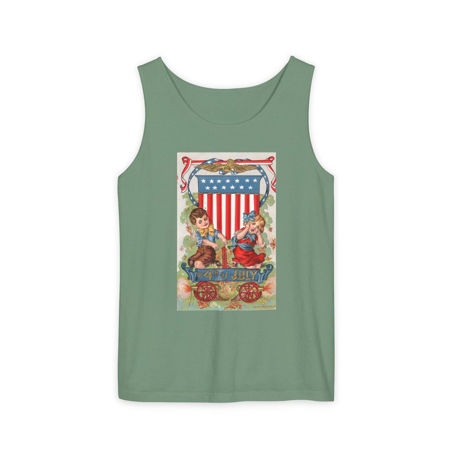 1908 Fourth of July Wagon tank top crimson — vintage patriotic postcard art — The Faded Label Co.