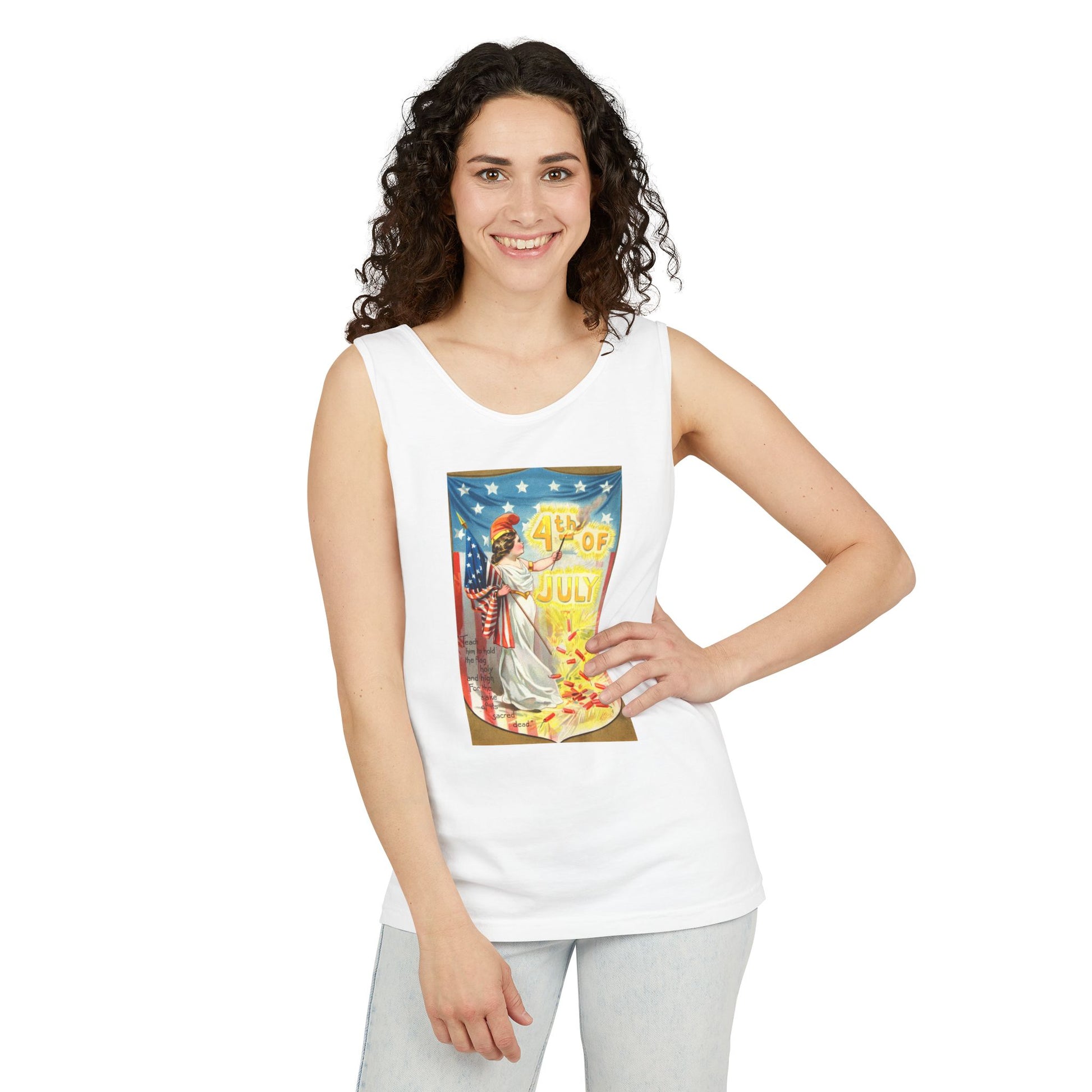 4th of July Flag Girl tank top lifestyle front — early 1900s Columbia chromolithograph postcard art — The Faded Label Co.