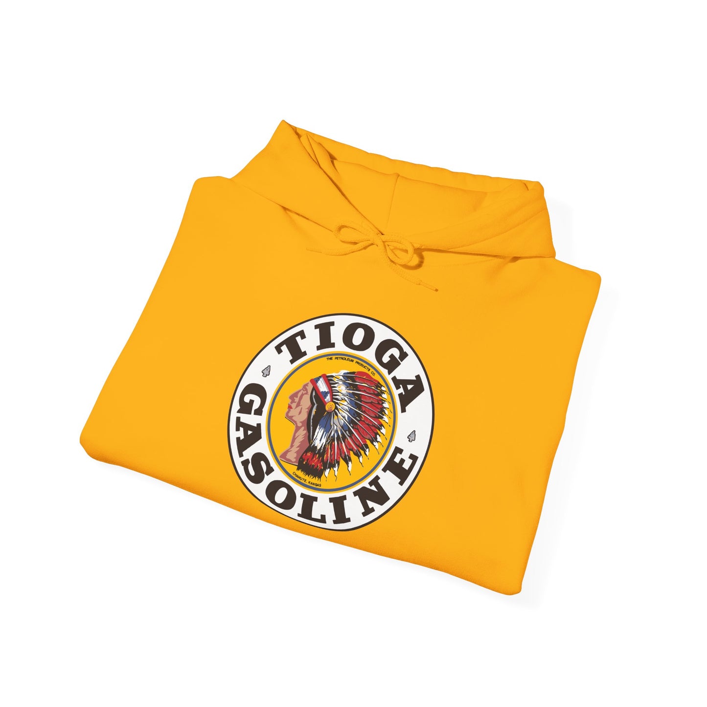 Tioga Gasoline Logo Hoodie — Vintage Native Chief Emblem