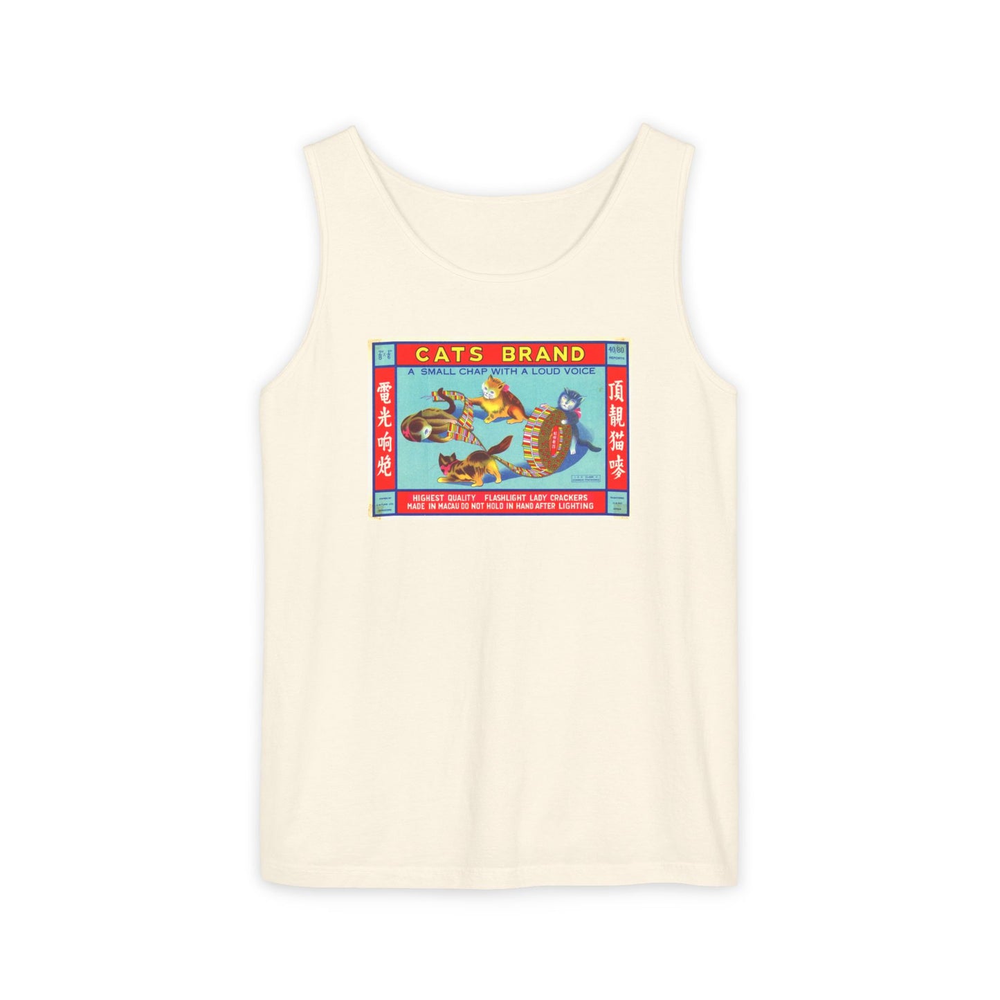 Cat Brand Firecrackers tank top white — vintage fireworks label art — The Faded Label Co.