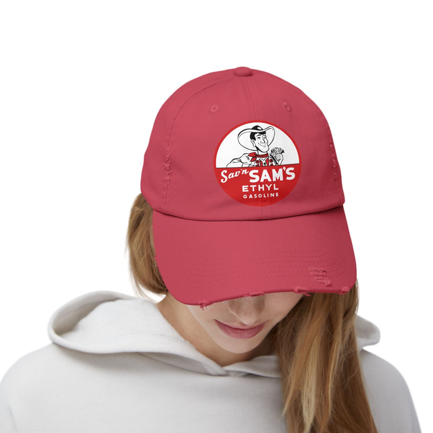 sams ethyl Distressed Gasoline Logo Cap — "Sam's Ethyl" Vintage Trucker Hat
