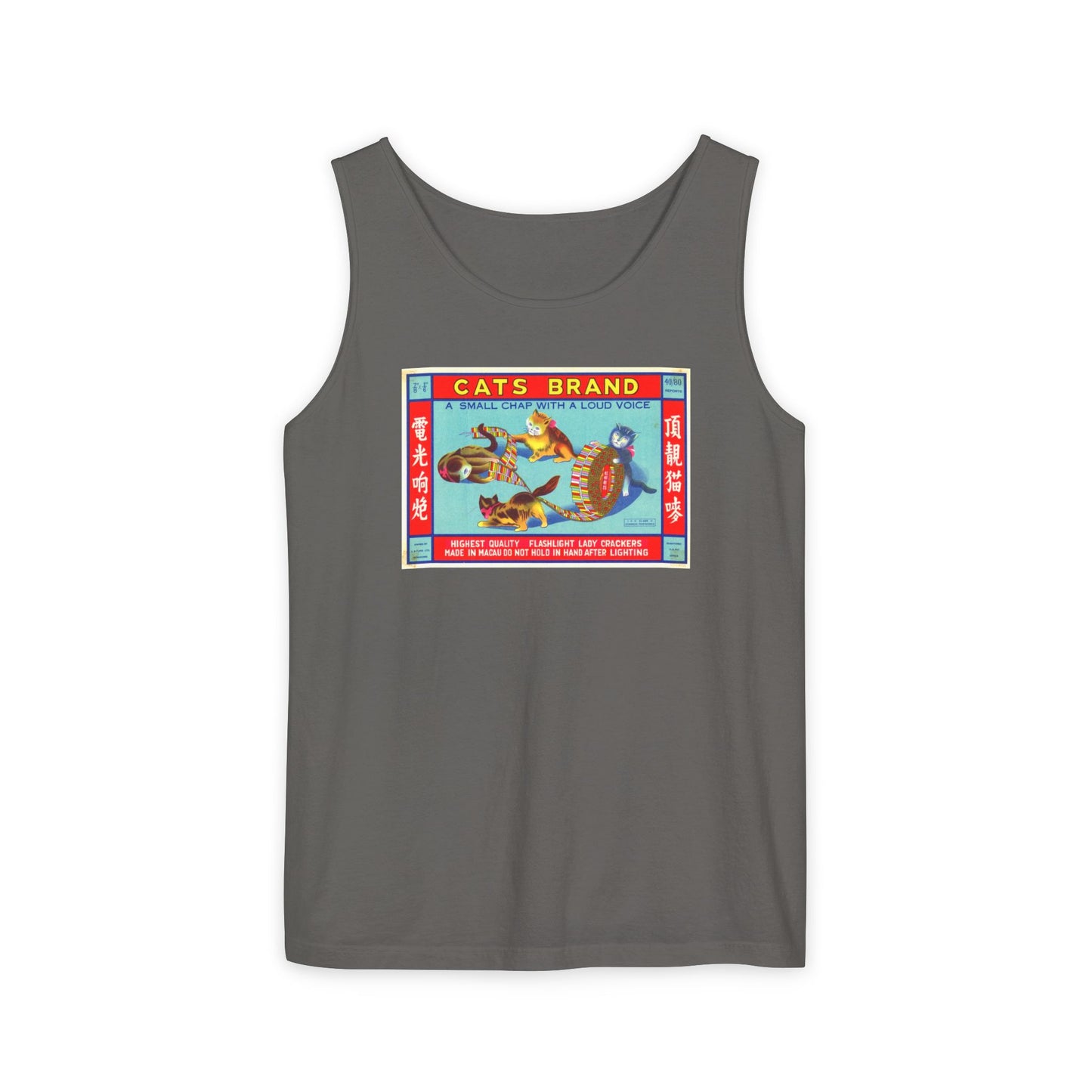 Cat Brand Firecrackers tank top blue jean — Comfort Colors garment-dyed — The Faded Label Co.
