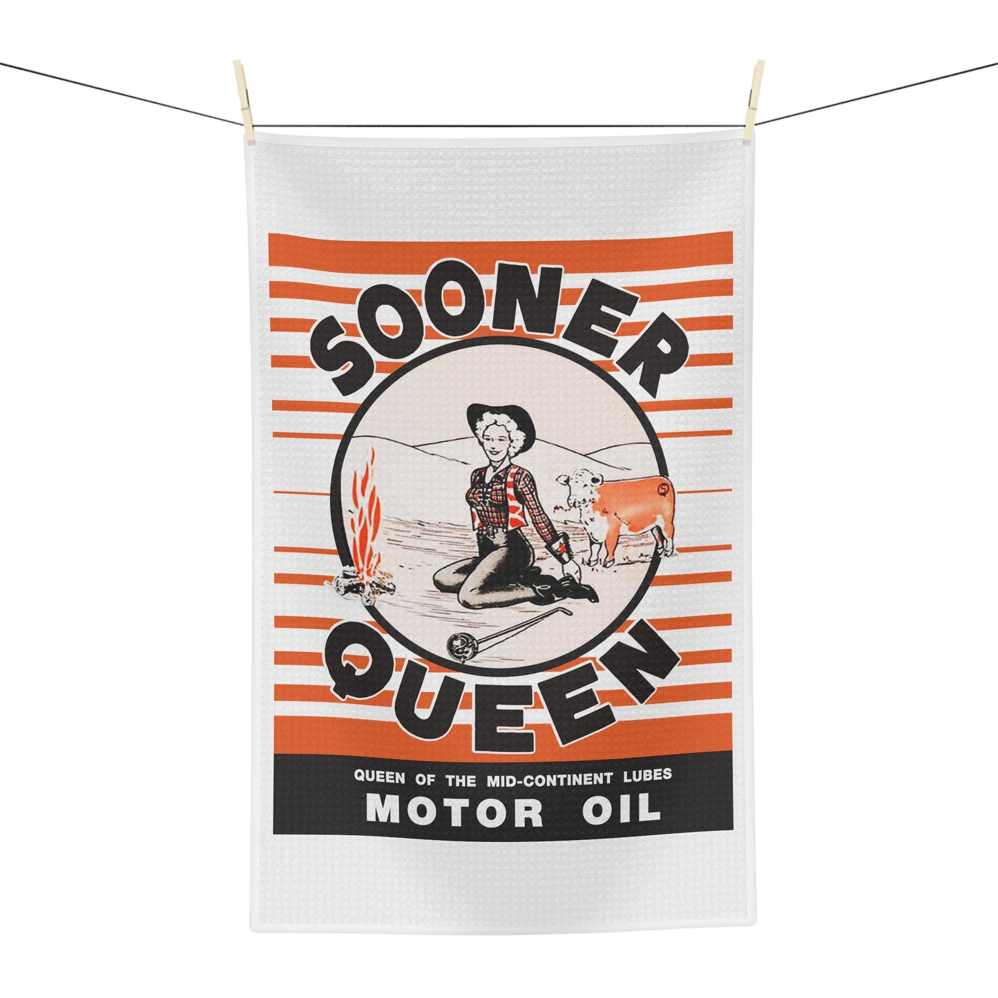 Sooner Queen Motor Oil Kitchen Tea Towel — Vintage Cowgirl Retro Gas & Oil Design