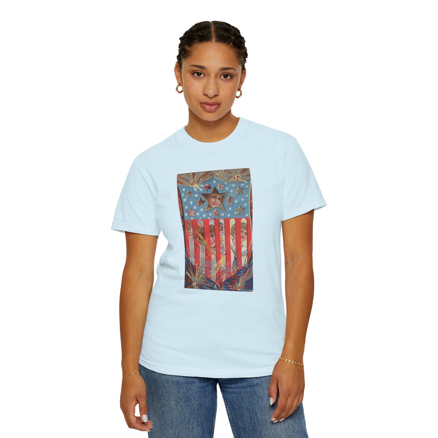4th of July Shield Girls t-shirt flat lay — Comfort Colors 1717 vintage patriotic tee — The Faded Label Co.