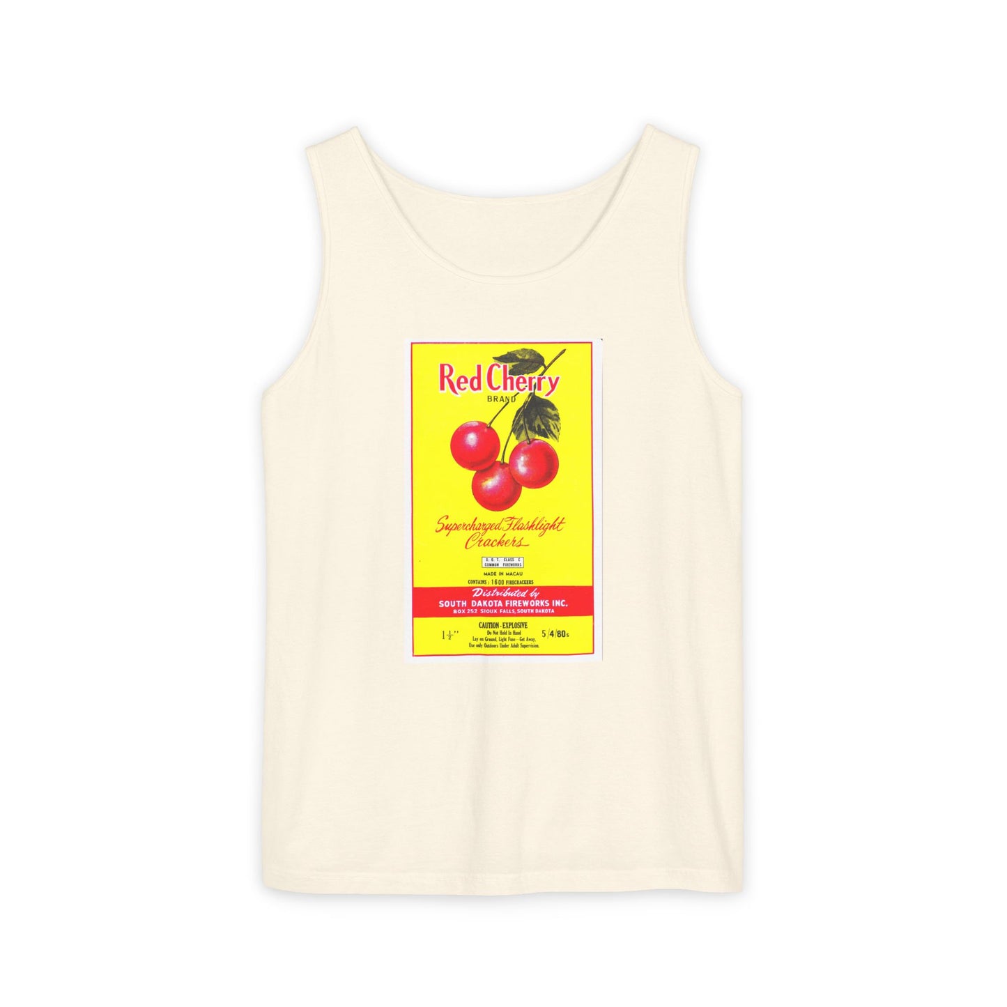 Red Cherry Brand Firecrackers tank top white — vintage fireworks label art — The Faded Label Co.