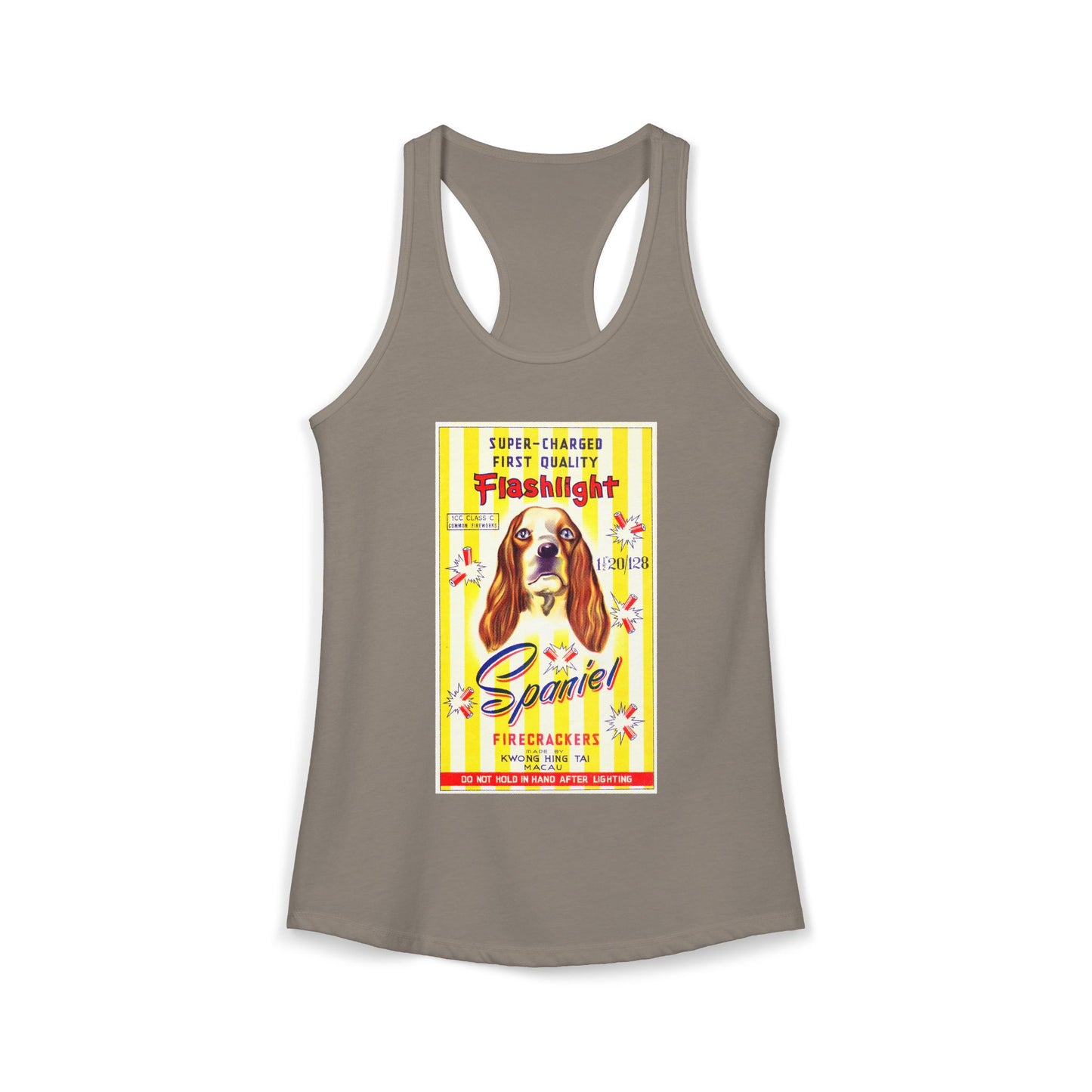 Spaniel Brand Firecrackers racerback tank navy — America's 250th anniversary apparel — The Faded Label Co.