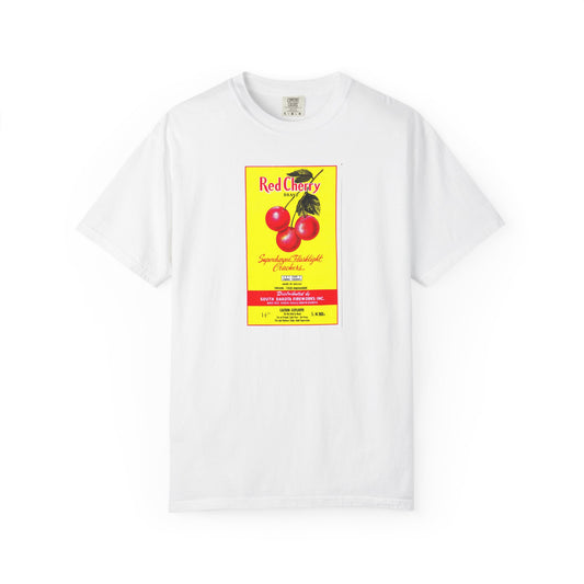 Red Cherry Brand Firecrackers t-shirt black — vintage 4th of July fireworks art — The Faded Label Co.
