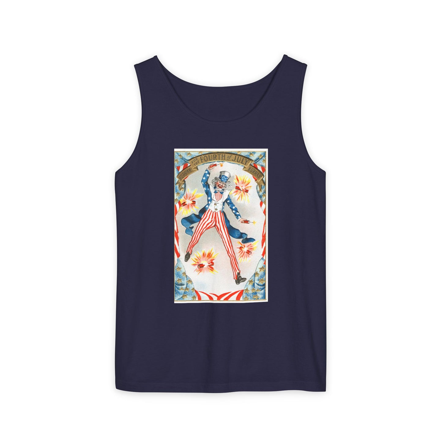Hurrah Fourth of July Uncle Sam tank top chambray — vintage patriotic postcard art — The Faded Label Co.