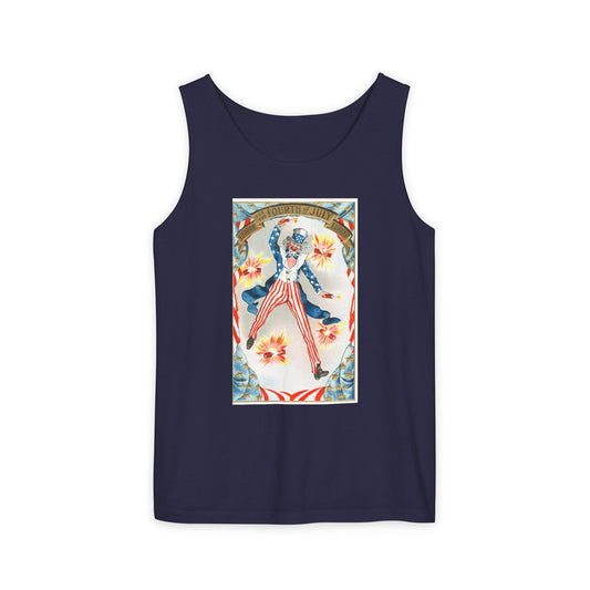 Hurrah Fourth of July Uncle Sam tank top chambray — vintage patriotic postcard art — The Faded Label Co.