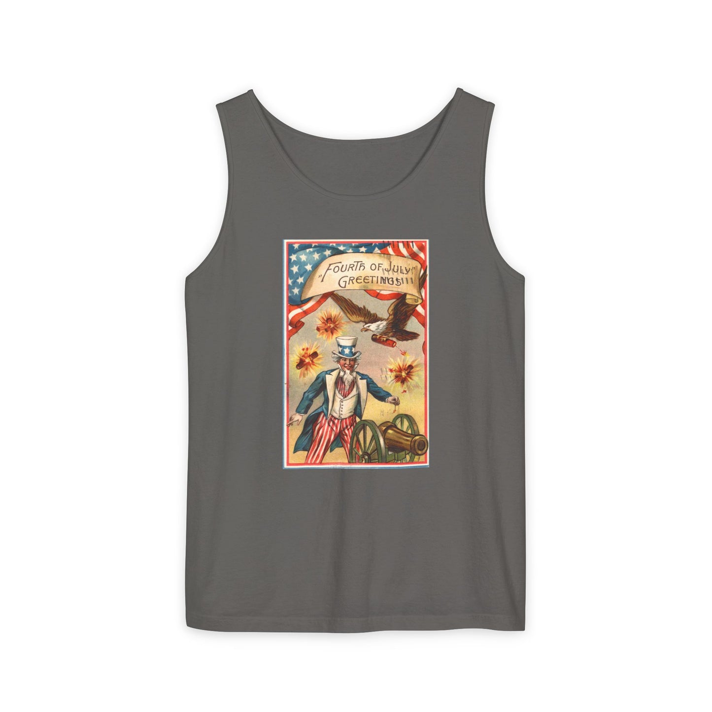 Fourth of July Greetings Uncle Sam tank top blue jean — vintage patriotic postcard art — The Faded Label Co.