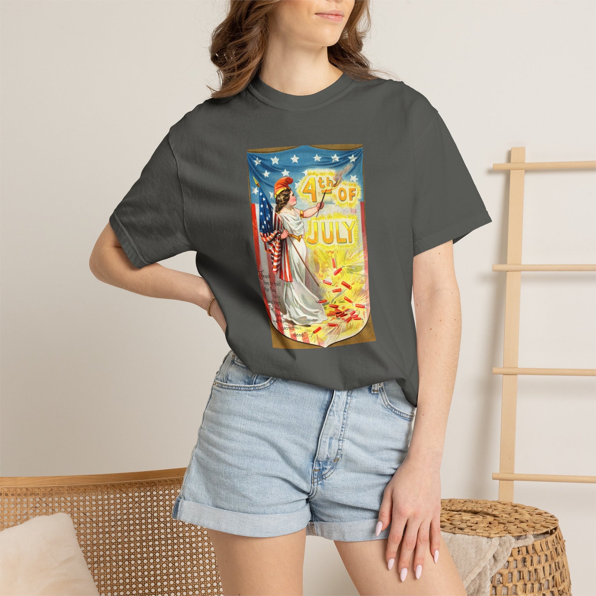 4th of July Flag Girl t-shirt detail — Columbia flag and sparkler vintage postcard — The Faded Label Co.