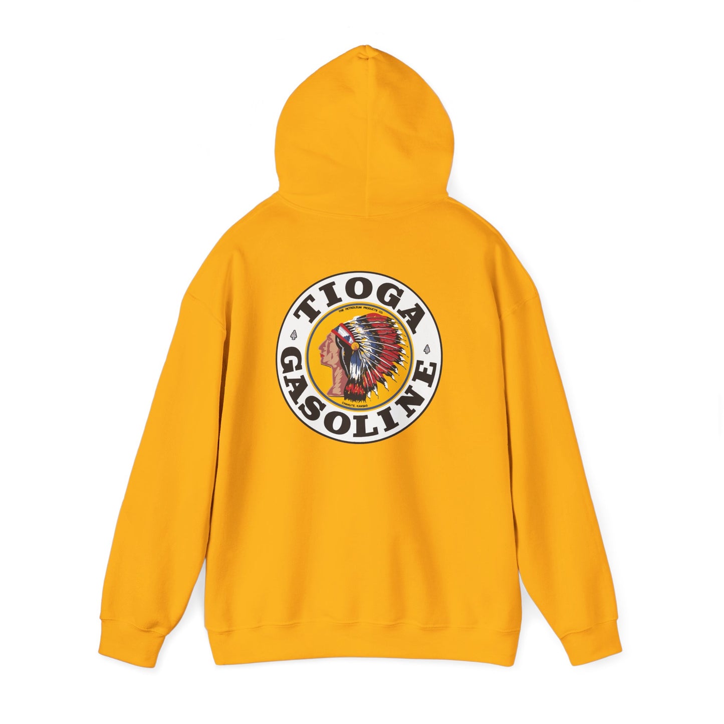 Tioga Gasoline Logo Hoodie — Vintage Native Chief Emblem