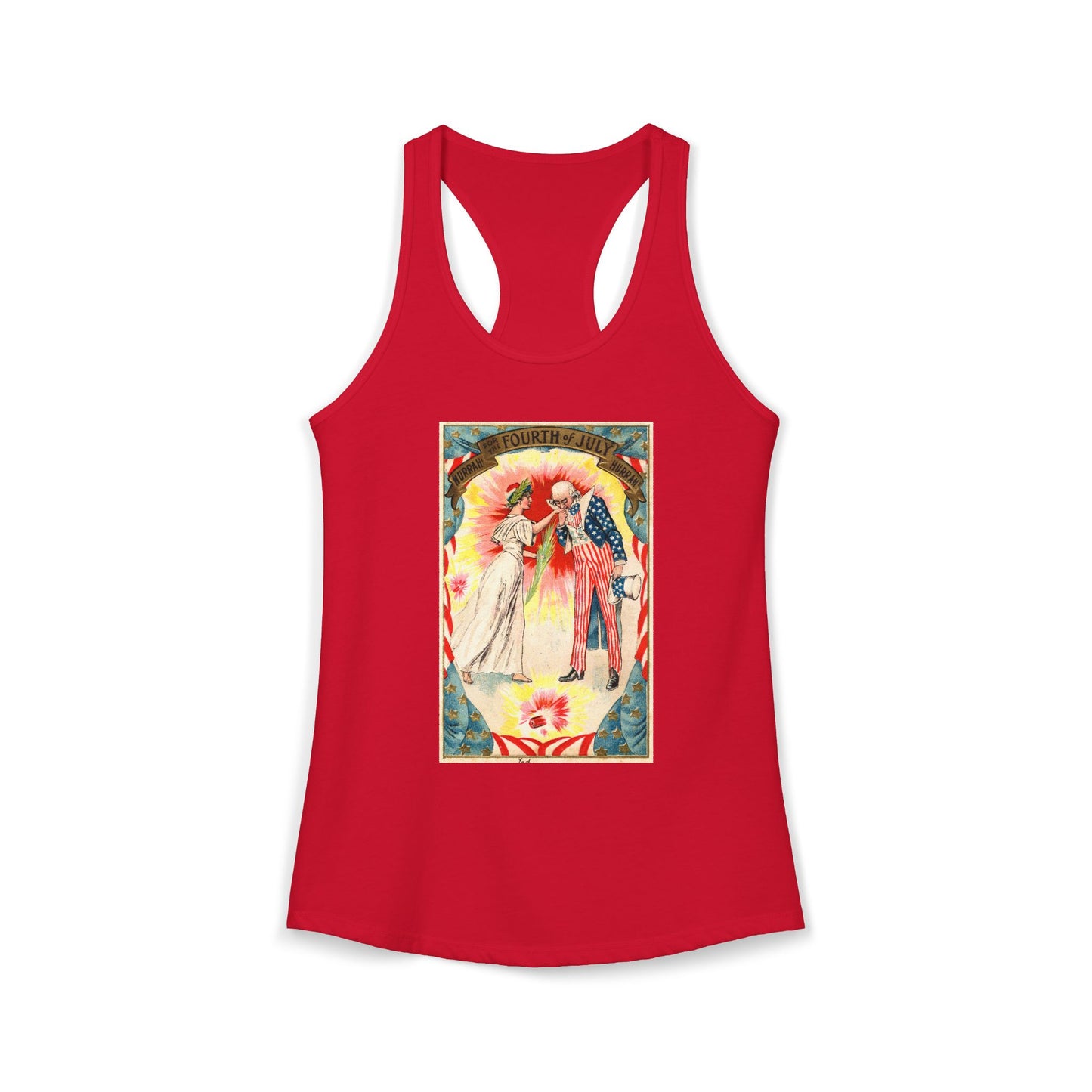 Uncle Sam and Columbia racerback tank white — vintage Fourth of July postcard art — The Faded Label Co.