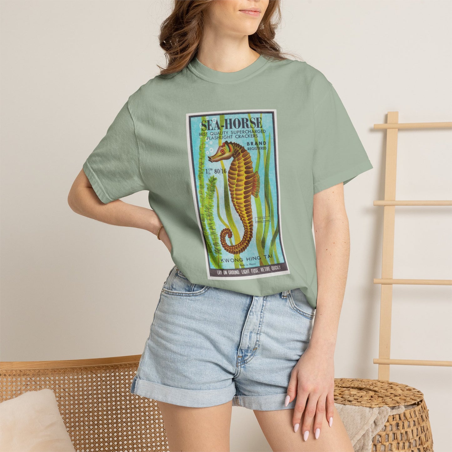 Seahorse Brand Firecrackers t-shirt on model lifestyle — vintage 4th of July fireworks apparel — The Faded Label Co.