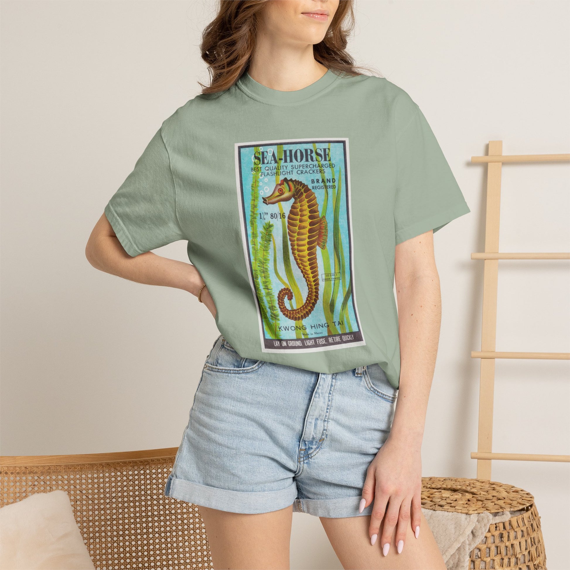 Seahorse Brand Firecrackers t-shirt on model lifestyle — vintage 4th of July fireworks apparel — The Faded Label Co.