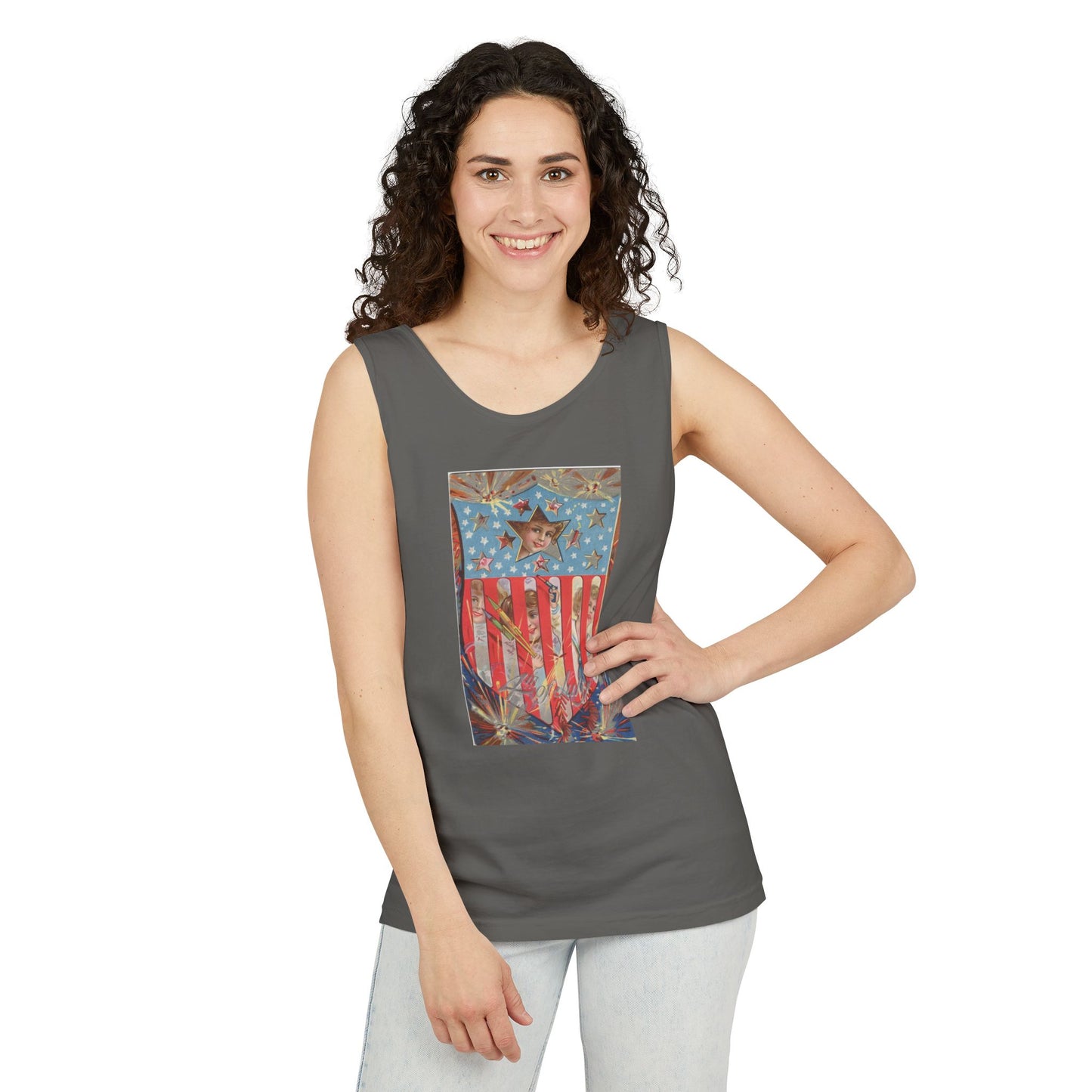 4th of July Shield Girls tank top flat lay white — Comfort Colors 9360 unisex tank — The Faded Label Co.