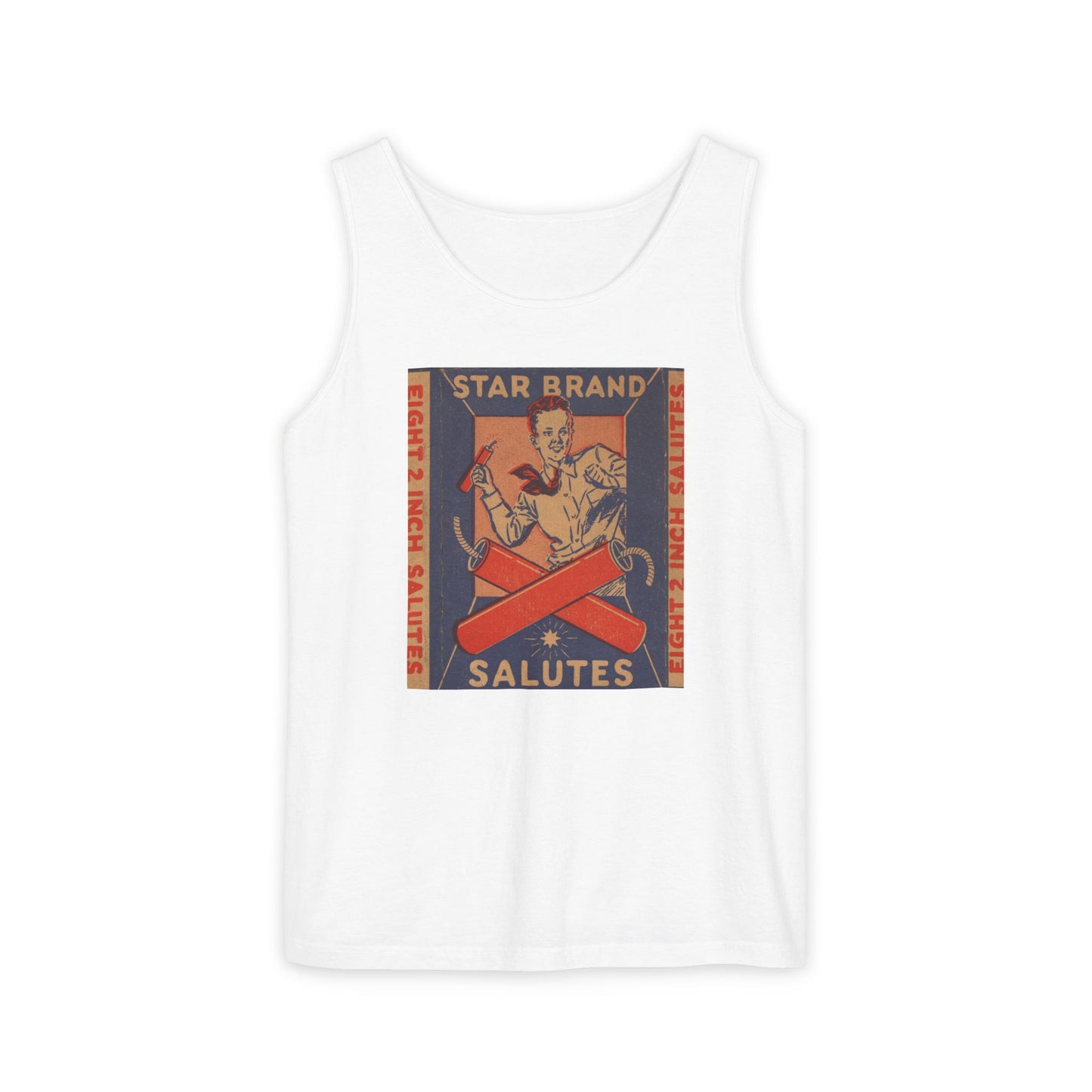 Star Brand Salutes tank top chambray — vintage 4th of July fireworks label art — The Faded Label Co.