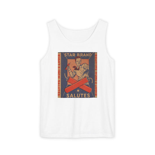Star Brand Salutes tank top chambray — vintage 4th of July fireworks label art — The Faded Label Co.