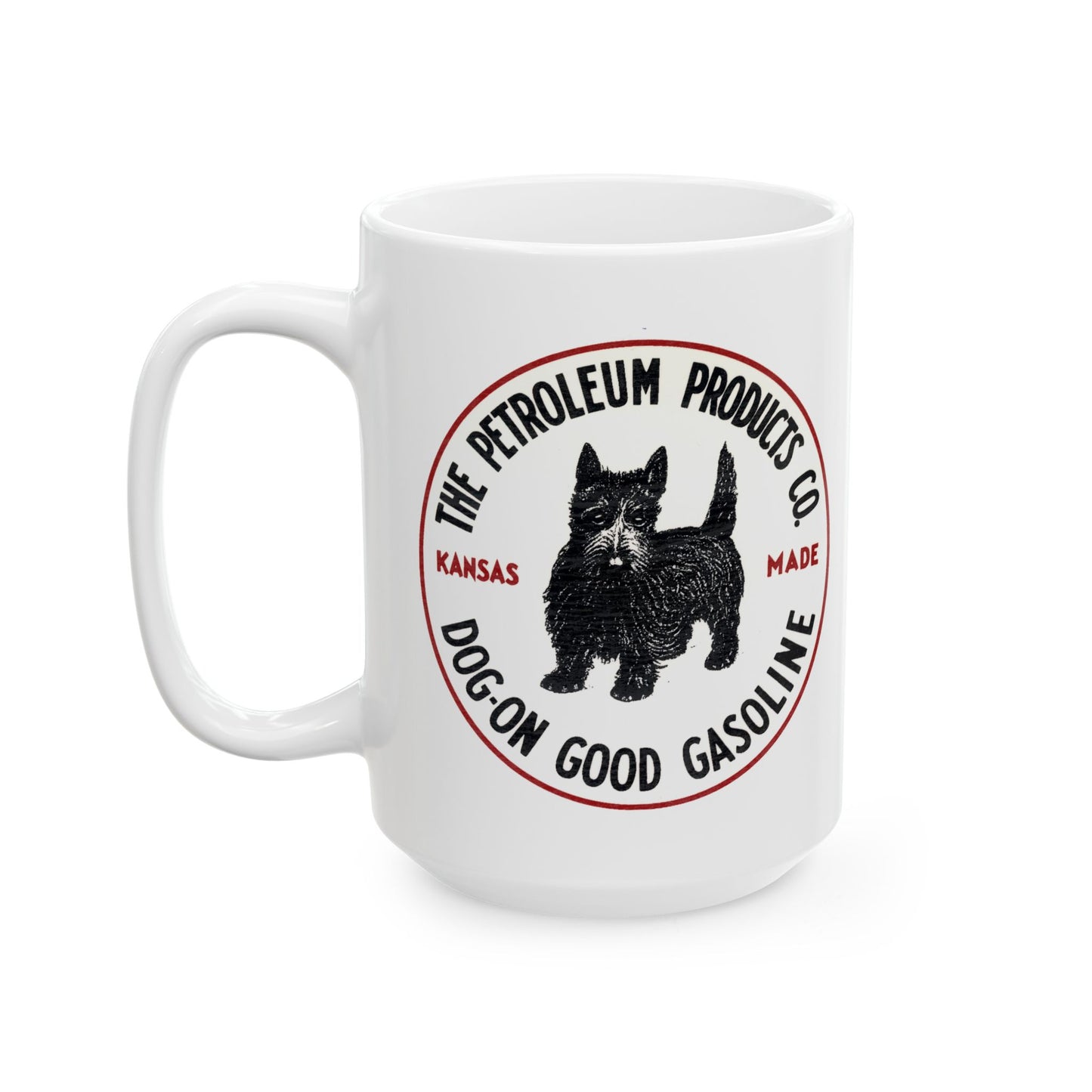 Dog-On Good Gasoline white coffee mug lifestyle — vintage petroliana gift — The Faded Label Co.