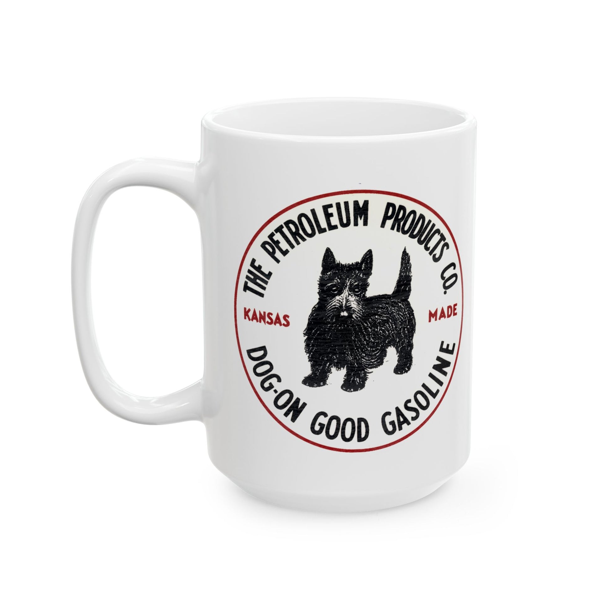 Dog-On Good Gasoline white coffee mug lifestyle — vintage petroliana gift — The Faded Label Co.