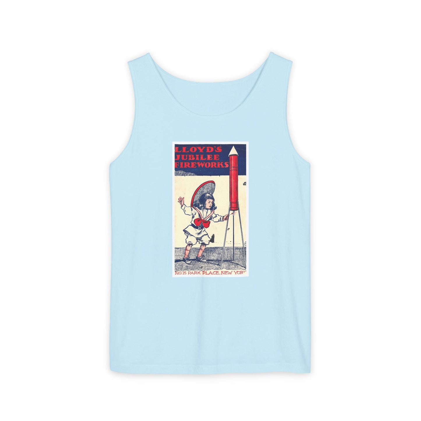 Lloyd's Jubilee Firecrackers tank top chambray — America's 250th anniversary apparel — The Faded Label Co.