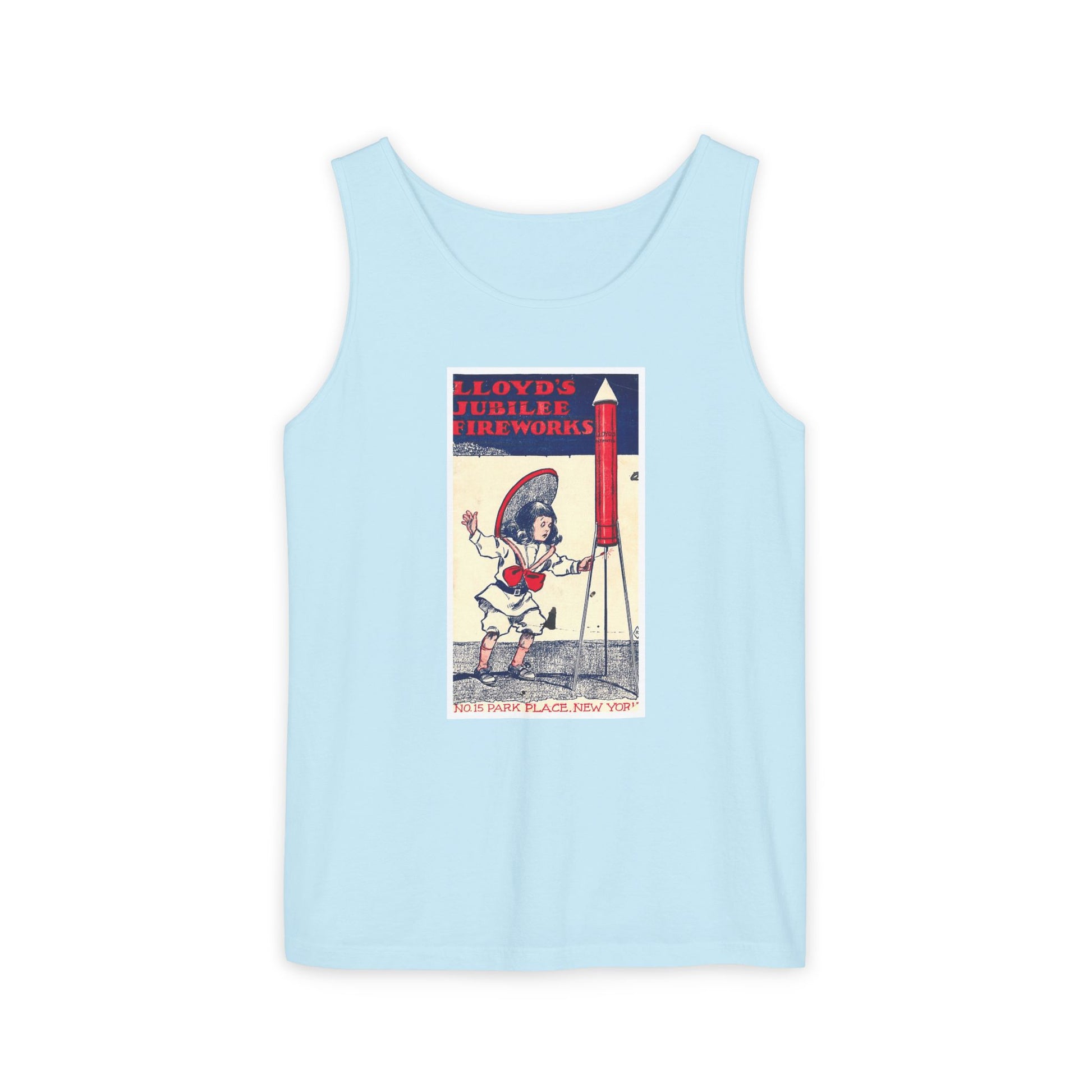 Lloyd's Jubilee Firecrackers tank top chambray — America's 250th anniversary apparel — The Faded Label Co.
