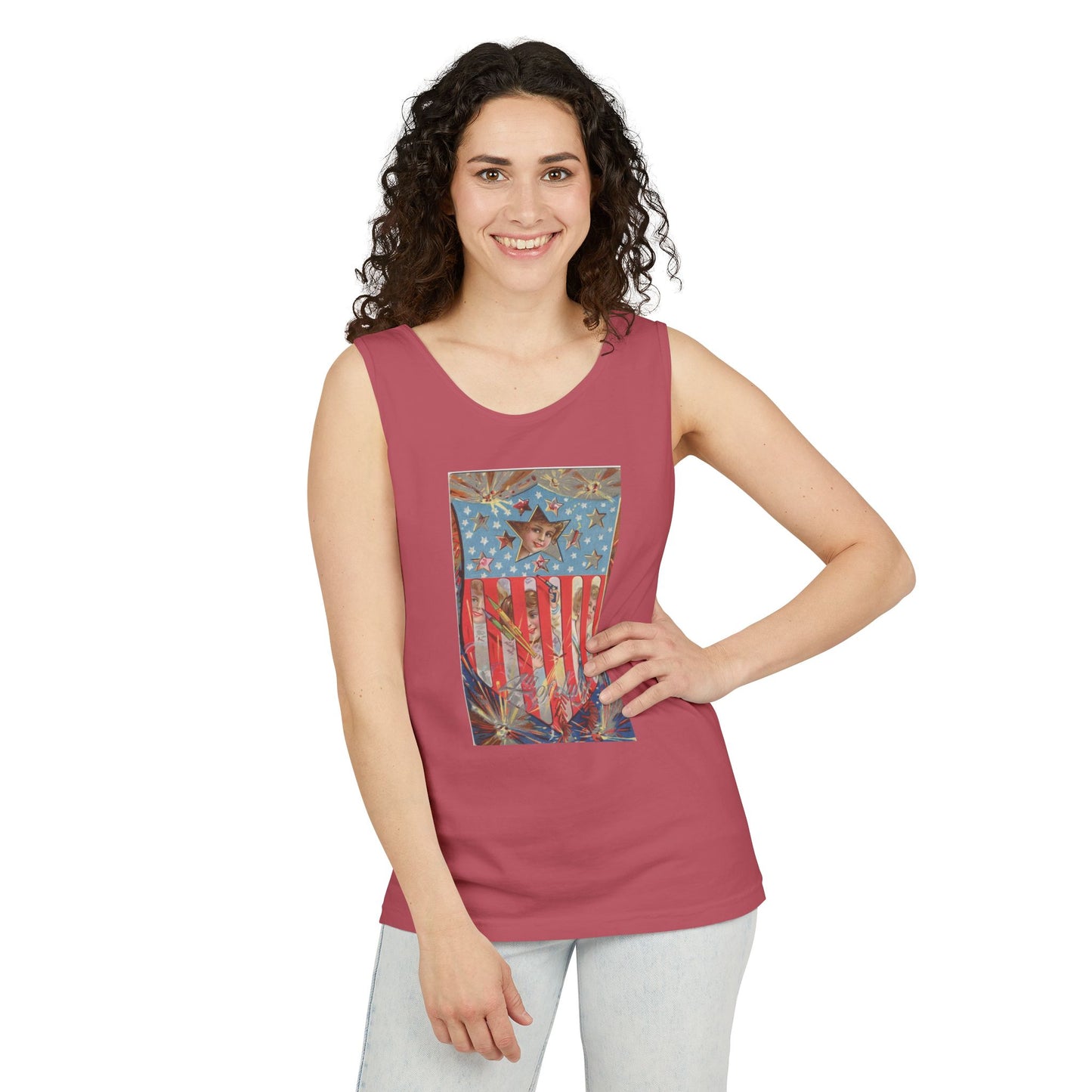 4th of July Shield Girls Tank Top — Vintage Patriotic Postcard Art | The Faded Label Co.