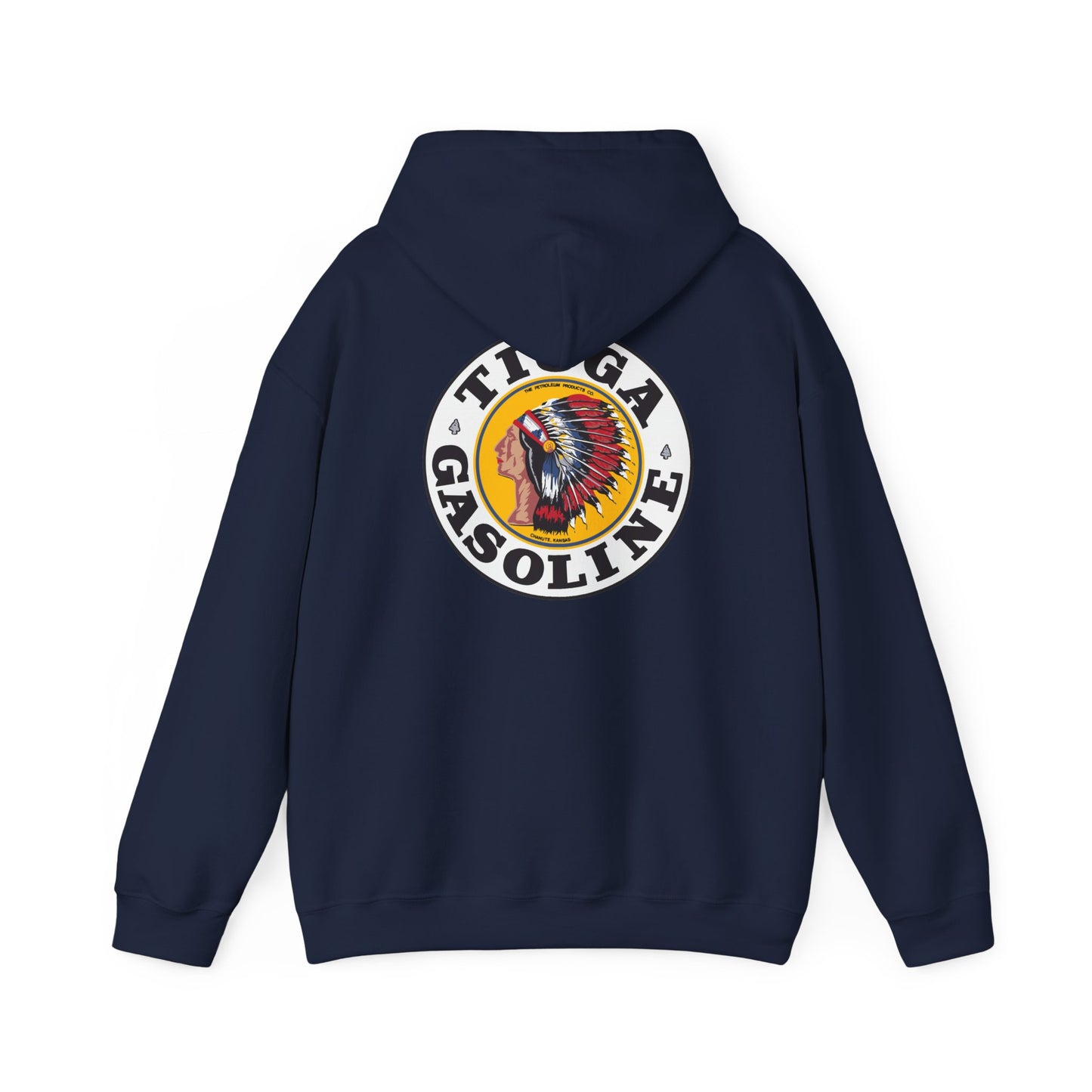 Tioga Gasoline Logo Hoodie — Vintage Native Chief Emblem