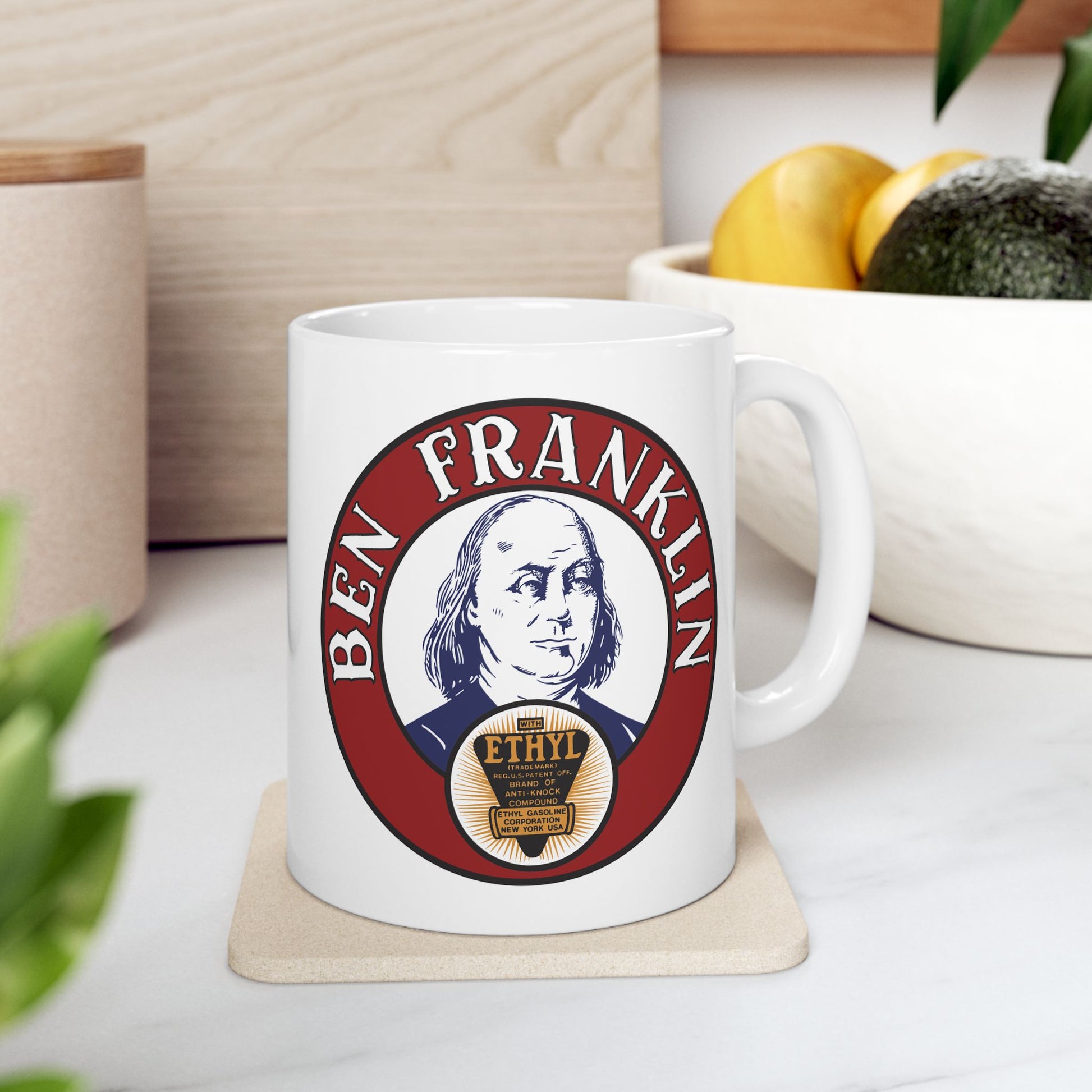Ben Franklin Gasoline mug lifestyle shot — vintage petroliana decor — The Faded Label Co.
