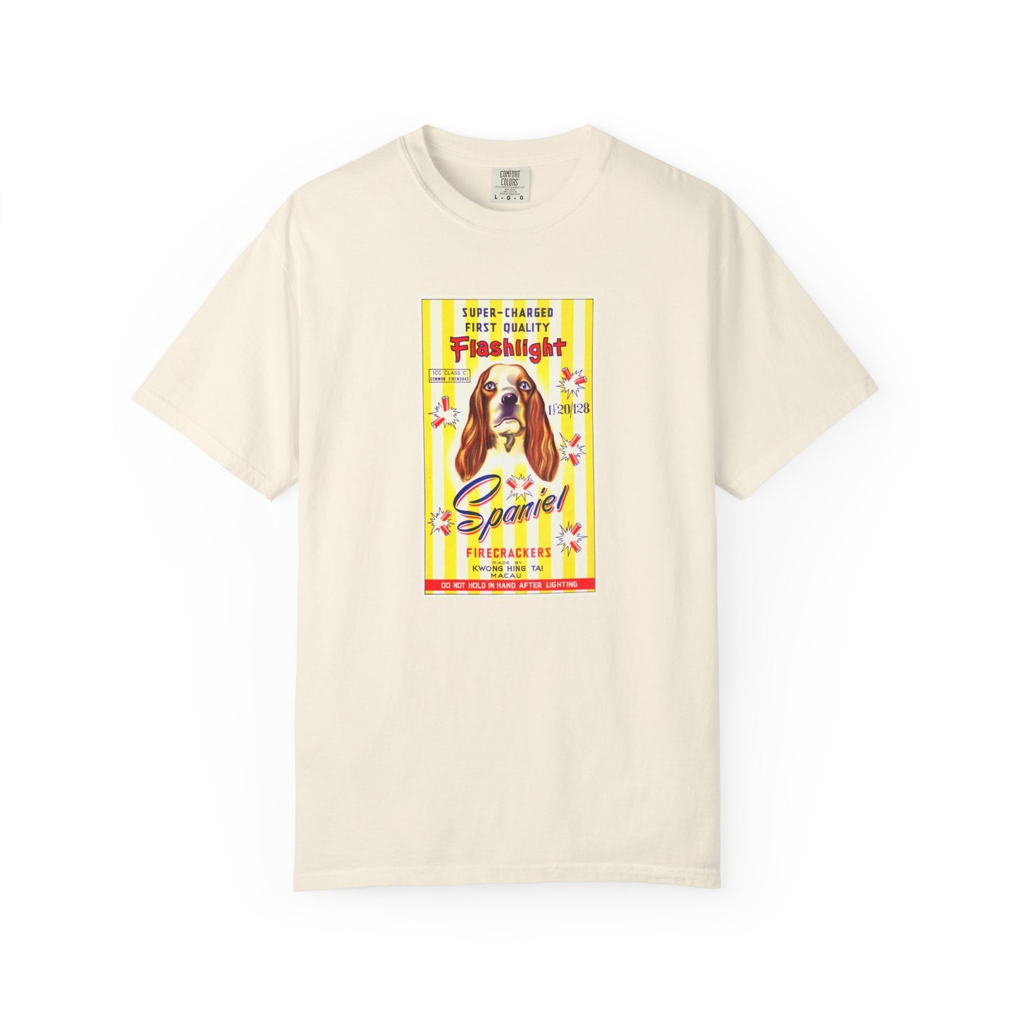 Spaniel Brand Firecrackers t-shirt White — vintage fireworks label Comfort Colors tee — The Faded Label Co.