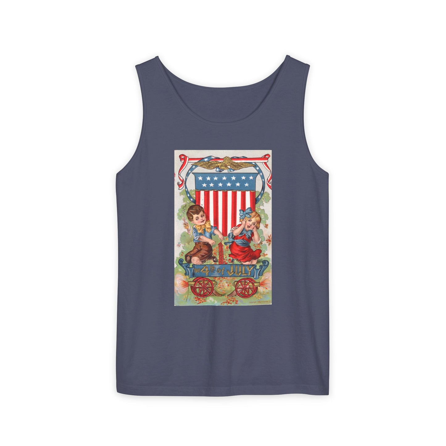 1908 Fourth of July Wagon tank top light green — vintage patriotic postcard art — The Faded Label Co.