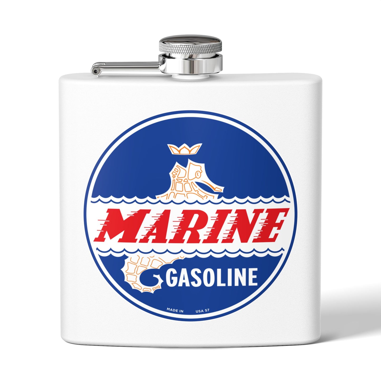 Marine Gasoline flask navy — vintage petroliana gift — The Faded Label Co.