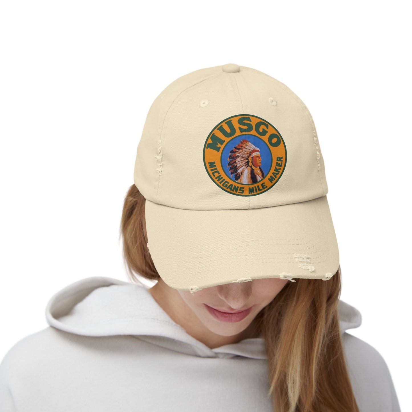 Musgo Gasoline distressed cap back detail — vintage petroliana hat — The Faded Label Co.
