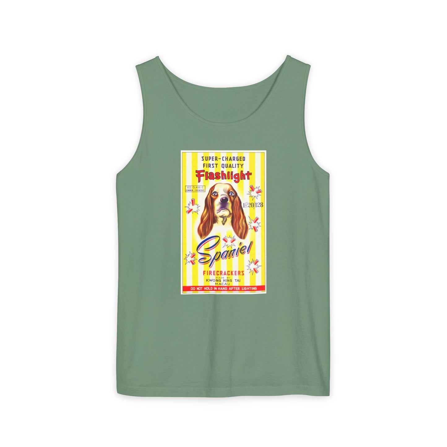 Spaniel Brand Firecrackers tank top chambray — America's 250th anniversary apparel — The Faded Label Co.