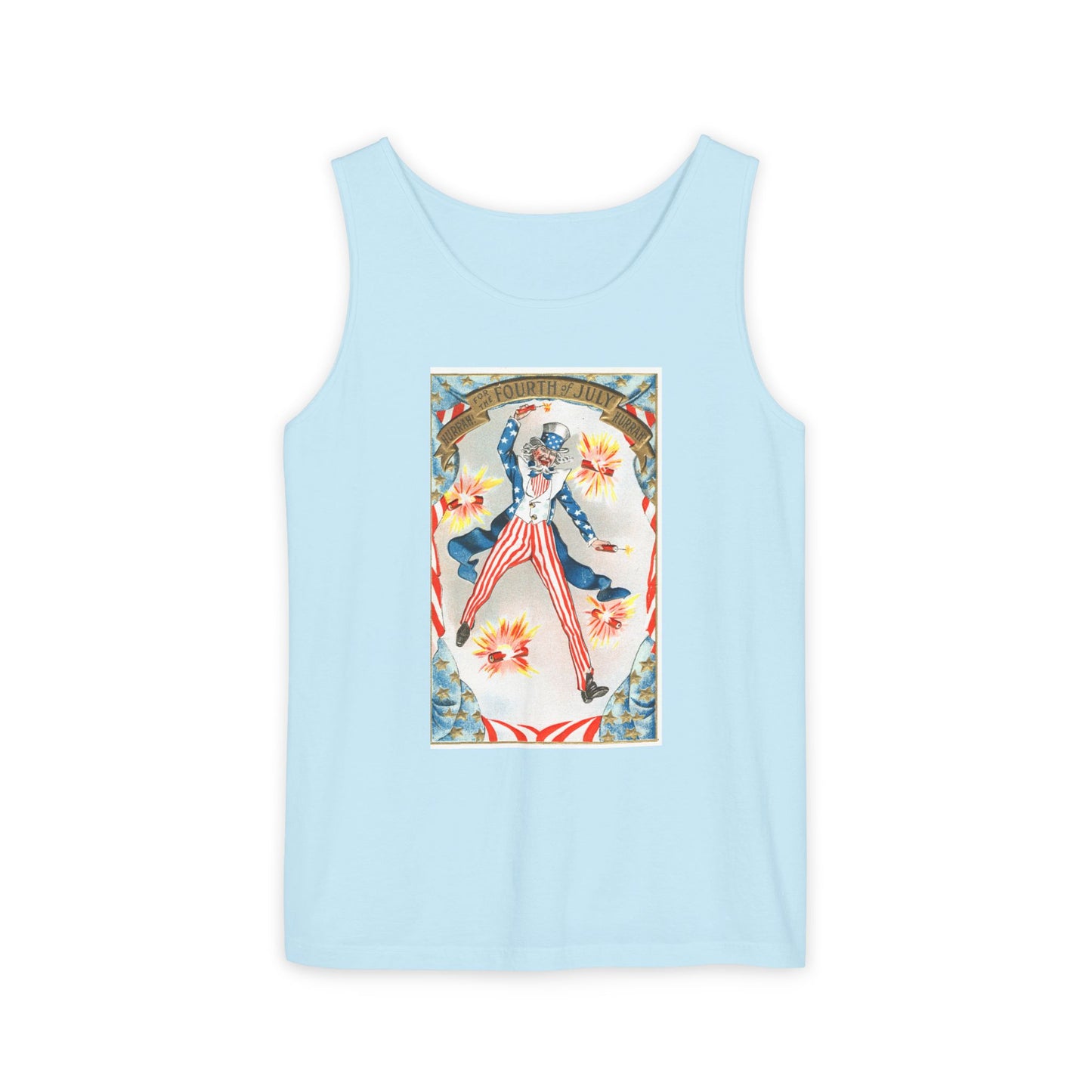 Hurrah Fourth of July Uncle Sam tank top true navy — vintage patriotic postcard art — The Faded Label Co.